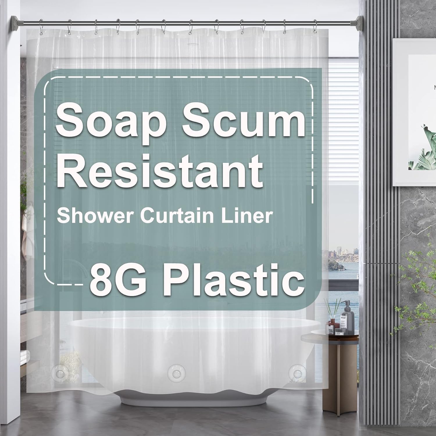 Detalle de AmazerBath Shower Curtain PEVA Liner, Clear 8G with Weighted Stones
