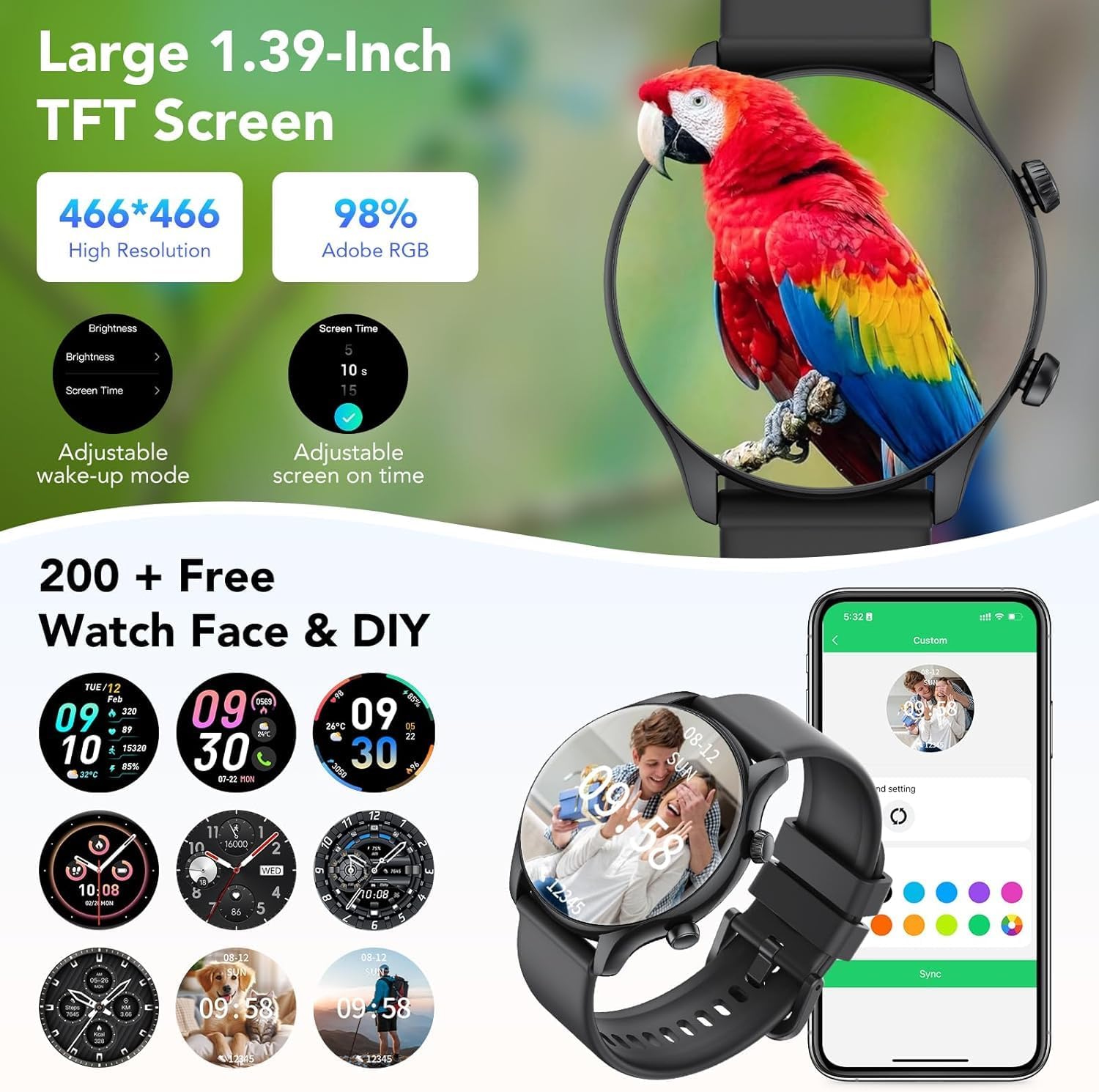 Thumbnail 2 de Montre connectée homme/femme 1,40" HD : appels Bluetooth, sport, sommeil et podomètre