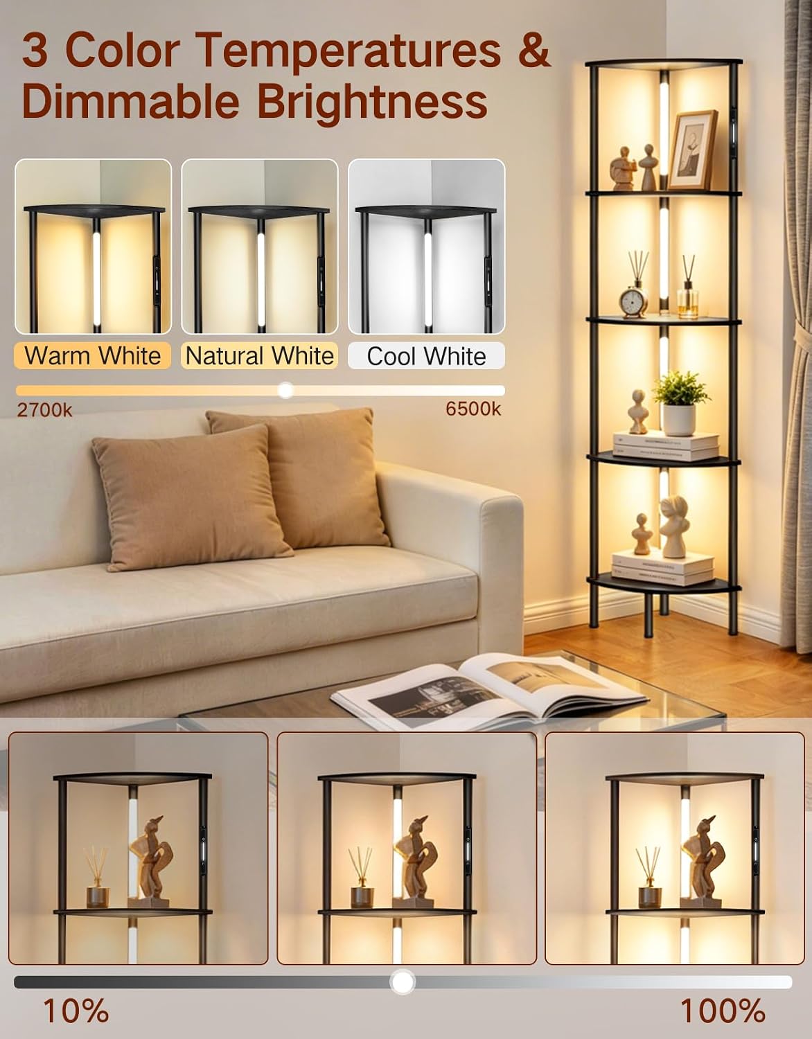 Thumbnail 1 de OUTONLIFE LED Floor Lamp with Shelves (Black) – 3 Colour Temps, Dimmable, Touch & Remote, 169cm