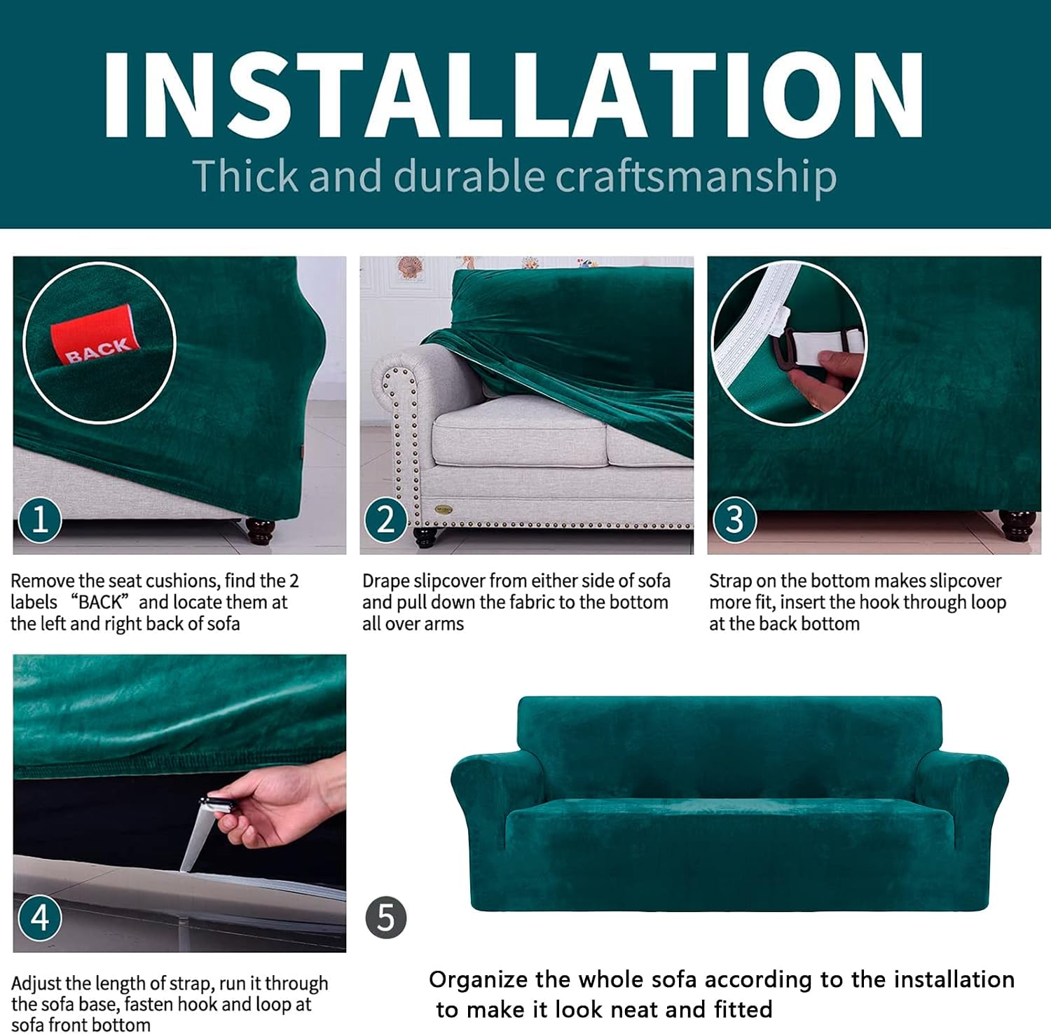 Thumbnail 4 de CHELZEN Velvet 3 Seater Sofa Cover, Blackish Green 🛋