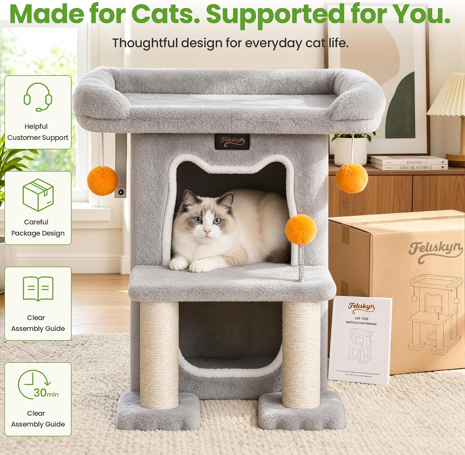 Thumbnail 6 de Feliskyn 29-Inch Cat Tree with Two Condos, Sisal Scratching Posts and Perch