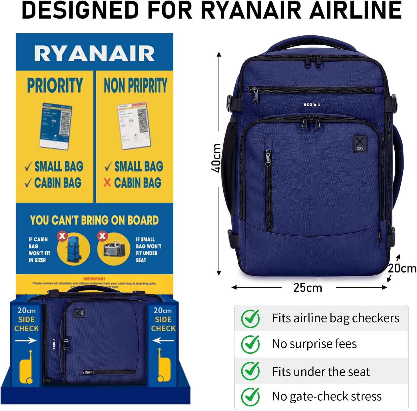 Thumbnail 1 de ECOHUB Rucksack 40 x 20 x 25 cm (20 l) für Ryanair – wasserdichtes Handgepäck mit Laptopfach aus recyceltem PET