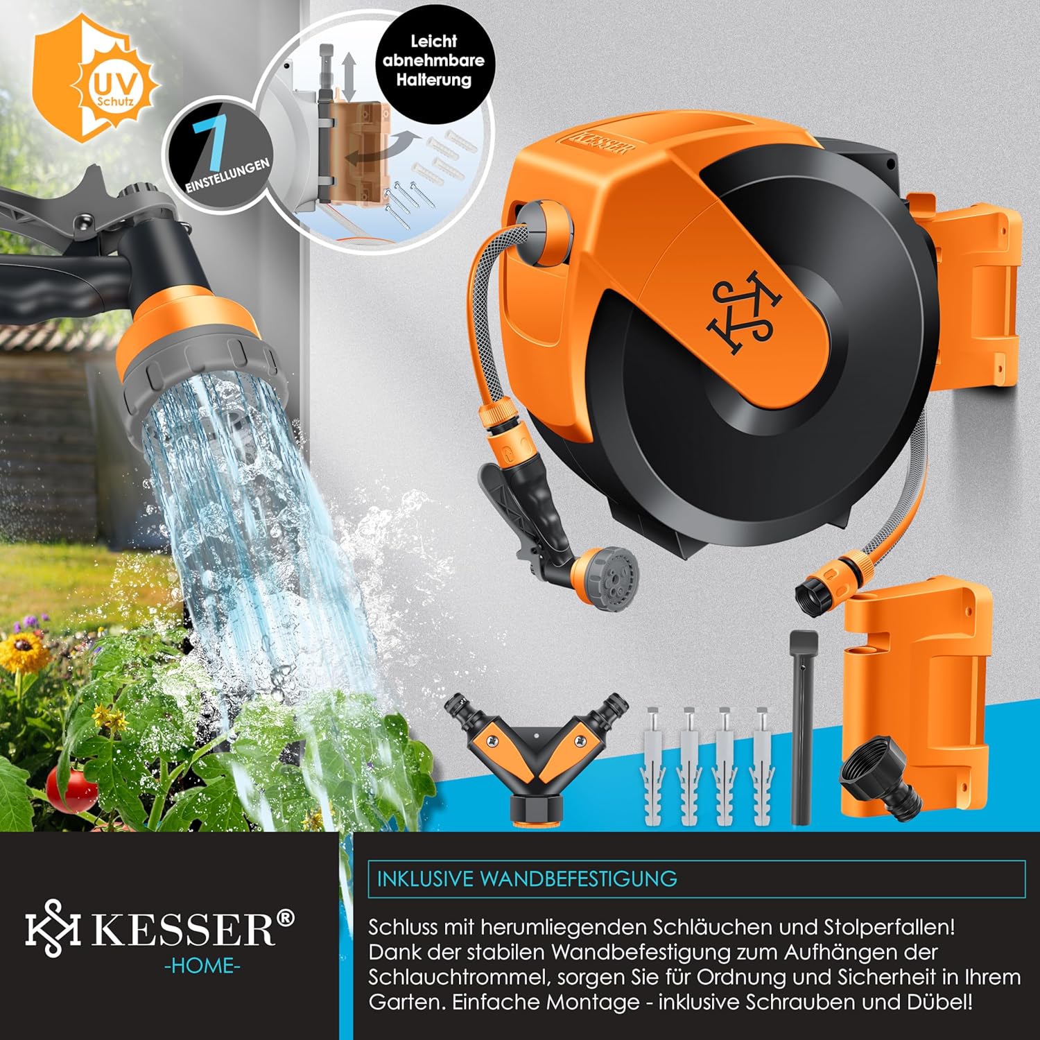 Thumbnail 2 de KESSER® Schlauchtrommel 30 m mit Wandmontage – automatisches Zurückziehen, 180° Schwenkbar und 7‑fach verstellbare Handbrause