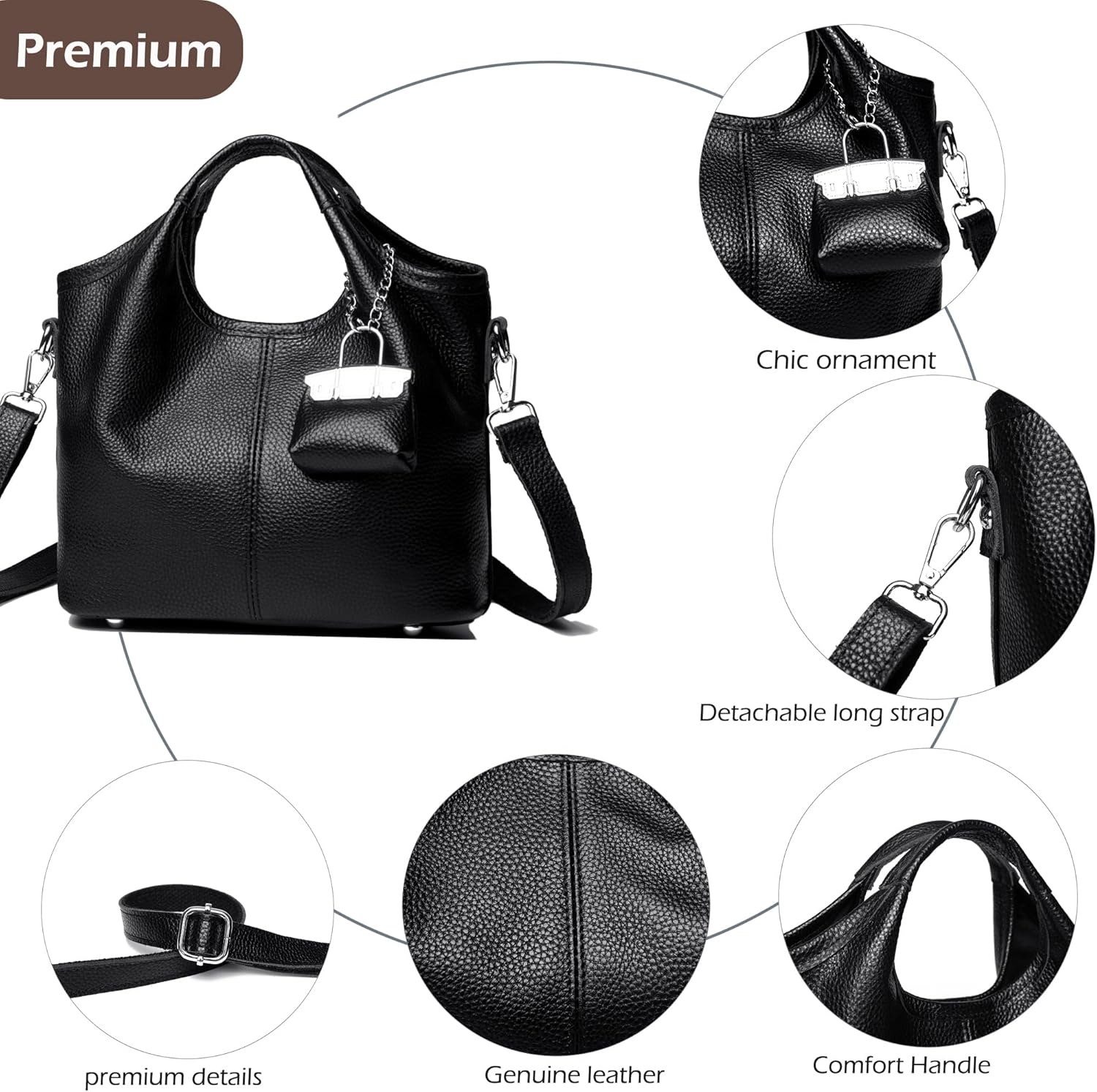 Detalle de Makukke Damen Handtasche aus Echtleder – Klein Crossbody, silberfarbene Hardware, 23×18×12 cm