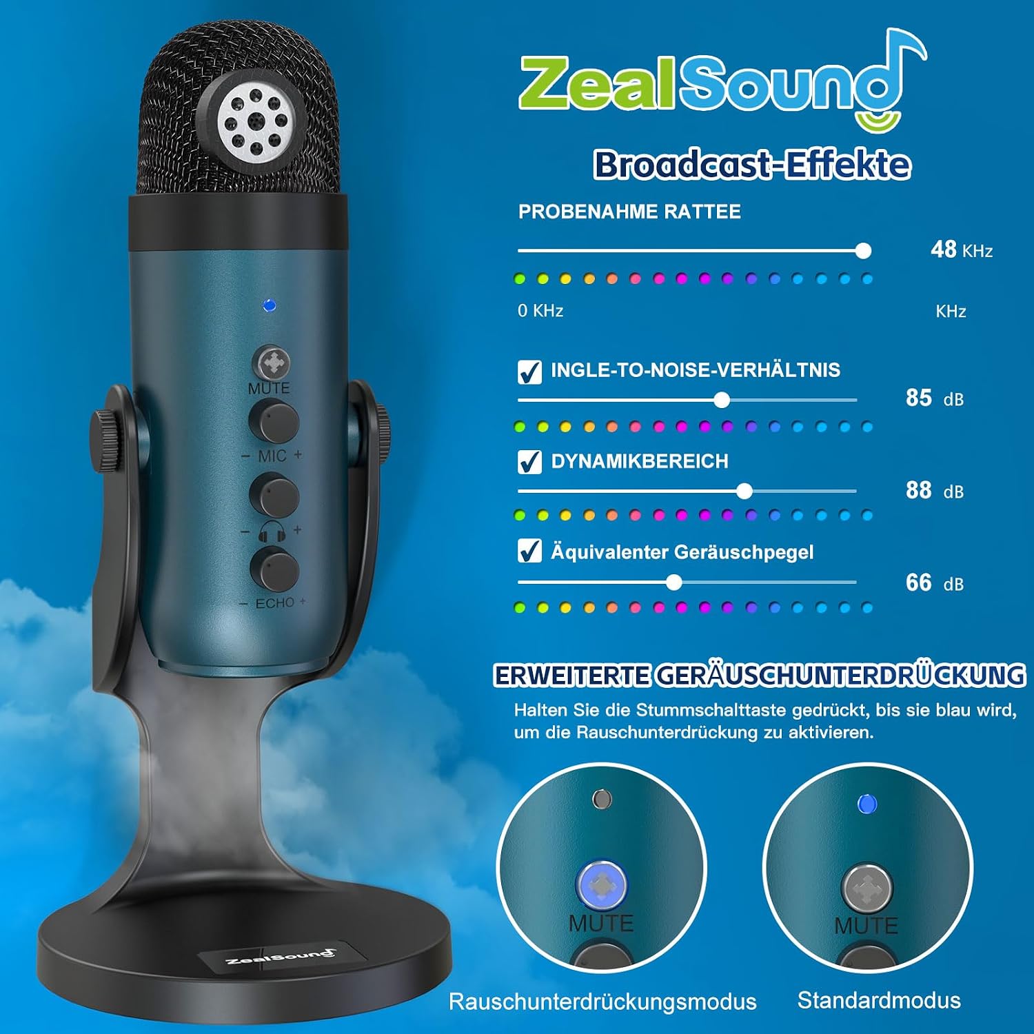 Detalle 2 de ZealSound K66 USB Kondensator-Mikrofon – Plug & Play für PC, Laptop, Handy inkl. Rauschunterdrückung, Mute, Gain & Echo