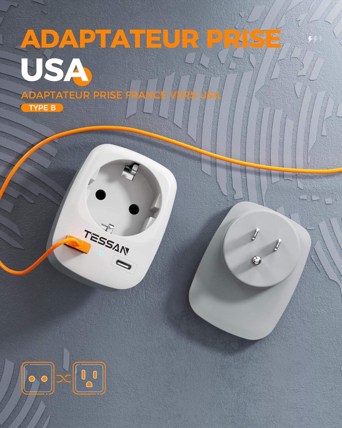 Detalle 2 de TESSAN Adaptateur prise France→USA 3‑en‑1 1250W 🔌