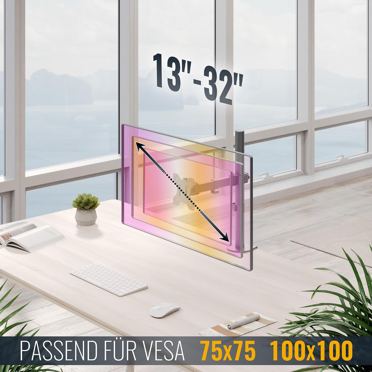 Detalle de RICOO TS2611 – Support Écran PC/TV universel, pince de bureau VESA 75x75/100x100