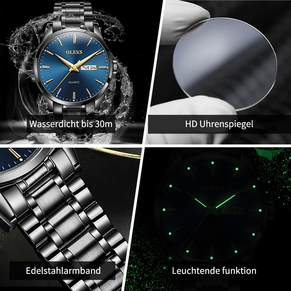 Thumbnail 5 de OLEVS Herrenuhr Goldene Schwarz Edelstahlarmband 40 mm