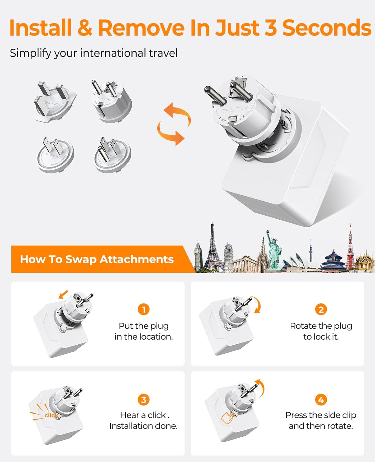 Thumbnail 3 de THUNIX Adaptateur Prise Universelle de Voyage avec USB‑C PD 20W (4 fiches détachables) – Blanc