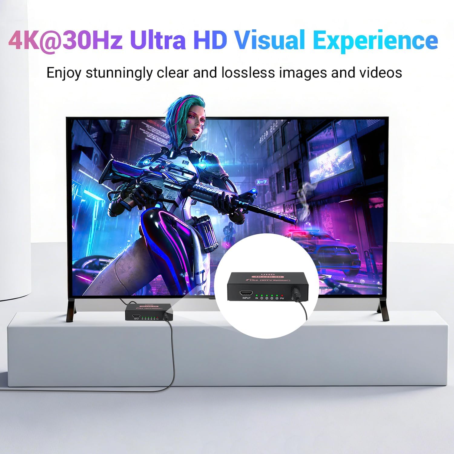 Detalle de HDMI Splitter 1 In 4 Out – 4K@30Hz Mirror, Not Extend, for Multiple Displays