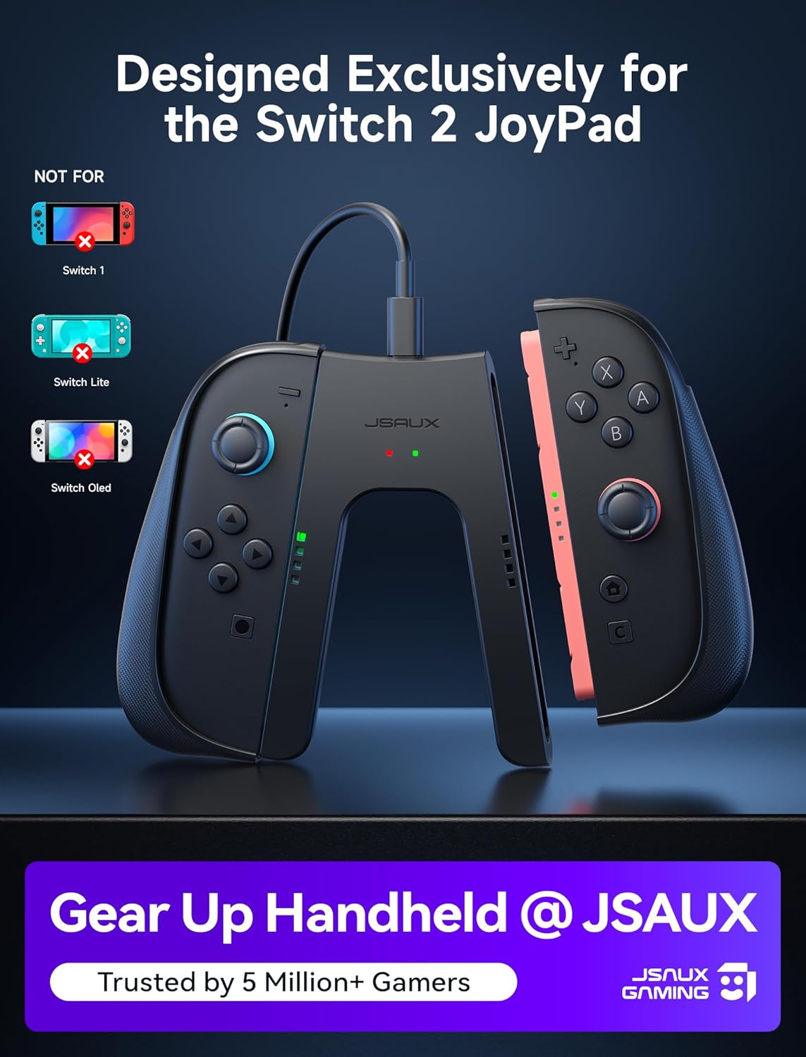 Thumbnail 2 de JSAUX impugnatura di ricarica ergonomica antiscivolo magnetica per Switch 2 con LED (nero)