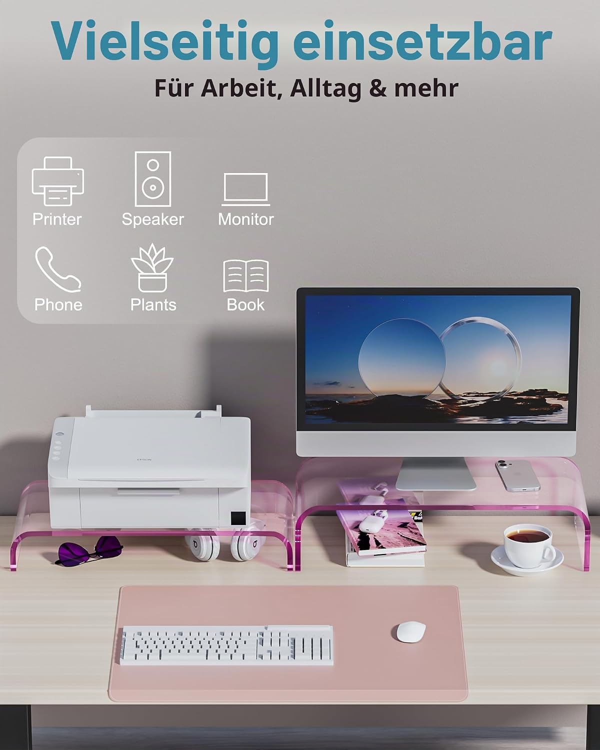 Detalle de ERGO COLLECT Monitorständer Acryl 2er-Set – Transparents 2‑in‑1 Monitorerhöhung aus Acryl