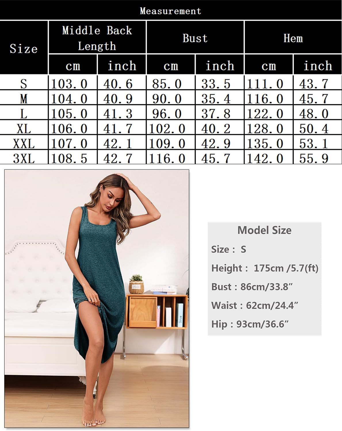 Detalle 2 de Bresdk chemise de nuit femme en coton longue sans manches à col V et bretelles spaghetti