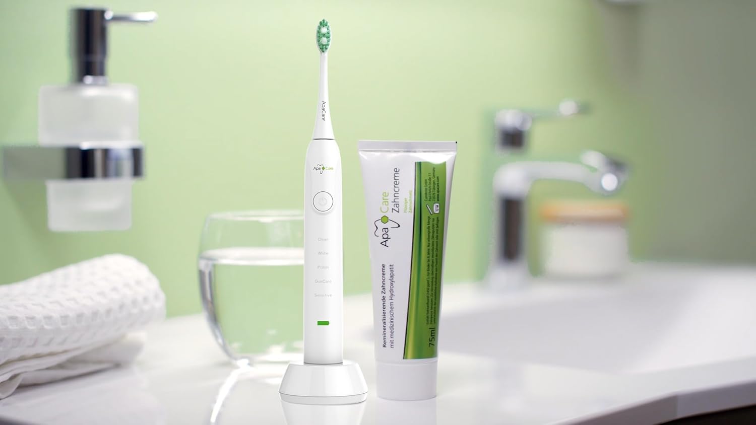 Detalle de ApaCare 3 tubi di dentifricio per smalto – 3x75 ml, con idrossiapatite attiva e fluoro, per denti sensibili (vegano)
