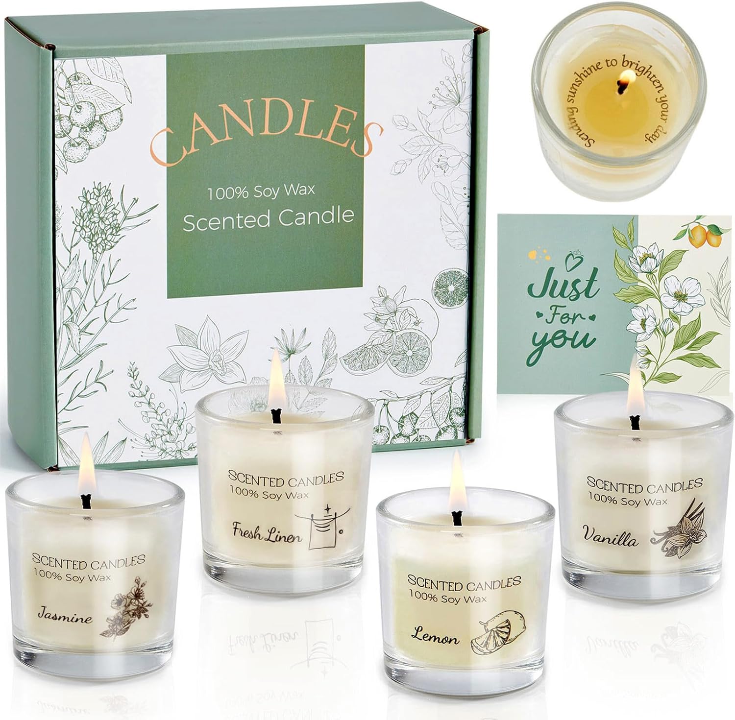 Detalle de Aptliton scented votive candle gift set (fresh linen, vanilla, jasmine & lemon) in soy wax