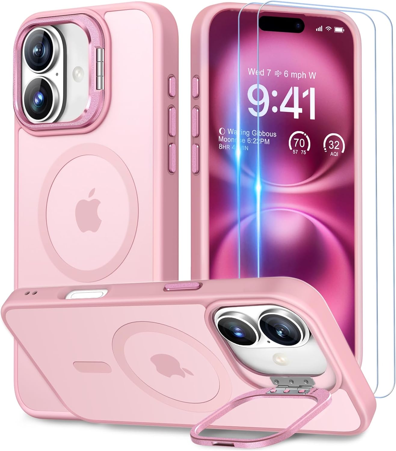 Detalle de Beeasy MagSafe Hülle für iPhone 16 (6,1 Zoll) mit verstellbarem Ständer und 2 Displayschutzfolien – matt Rosa