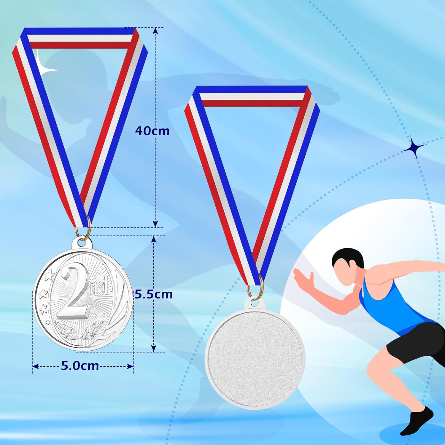 Detalle de GeeRic Medaille für Kinder – 12 Stück Silbermedaillen im olympischen Stil, 5 cm, mit farbigen Bändern (Rot-Weiß-Blau)