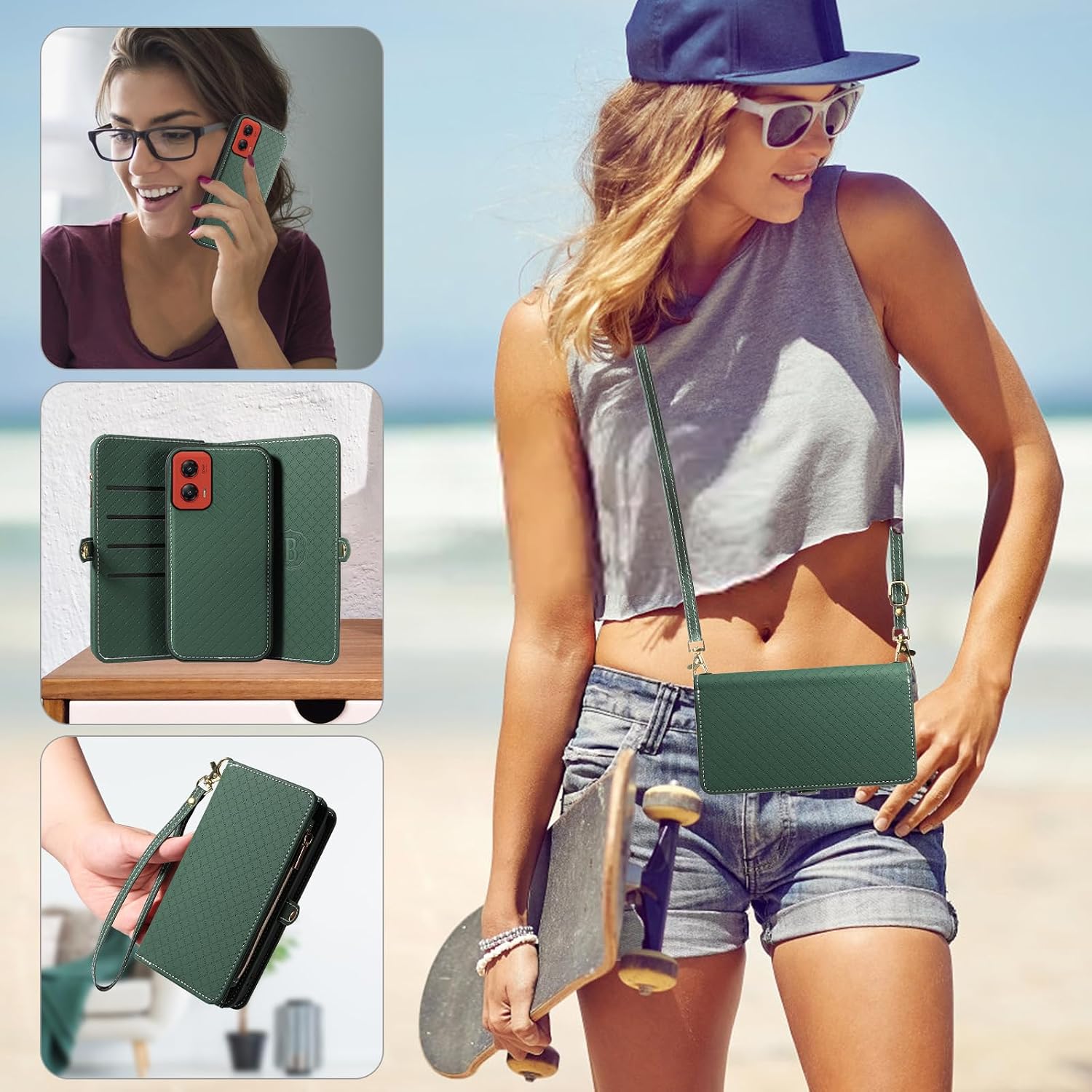 Detalle 2 de Asuwish Zipper Wallet Case for Motorola Moto G Stylus 5G (2024), Green