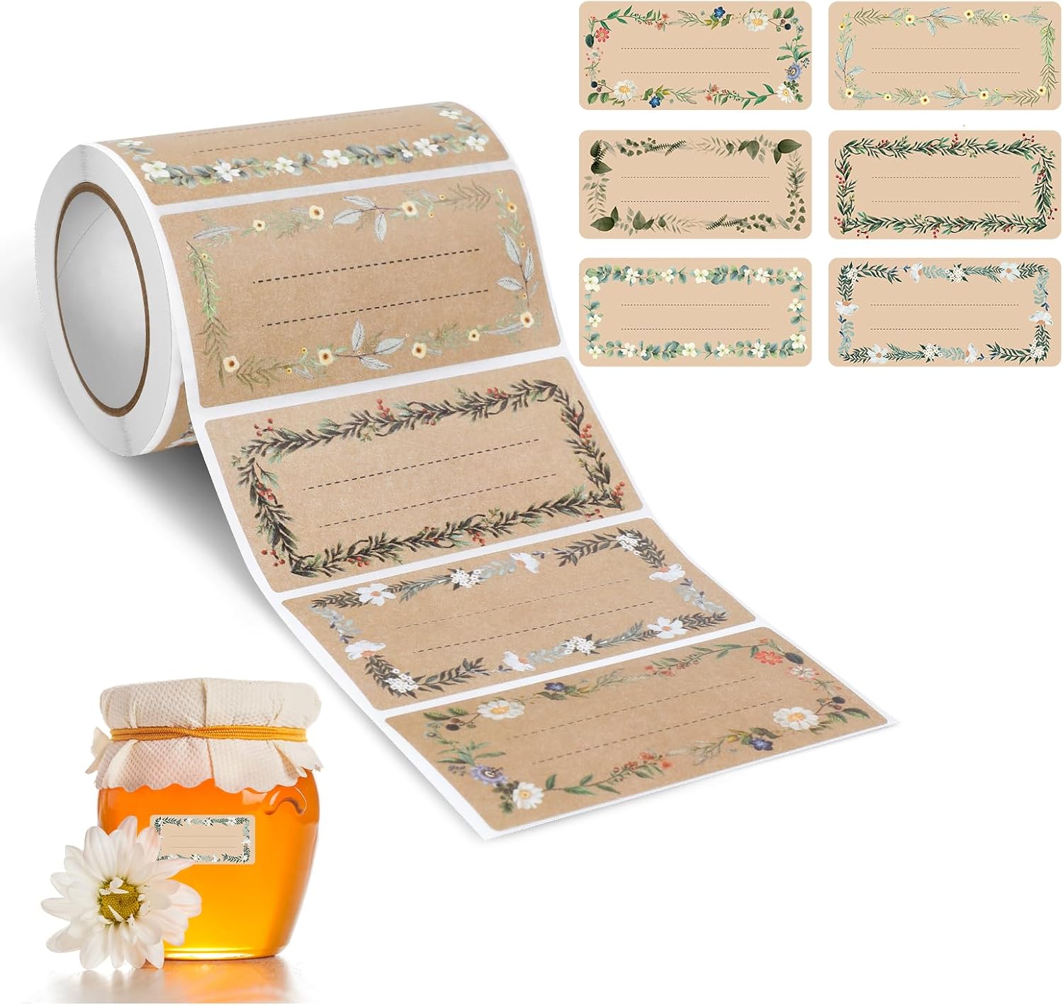 Detalle de AiQInu Etichette Adesive per Marmellate, 200 Pezzi – Etichette in Carta Kraft con 6 motivi floreali
