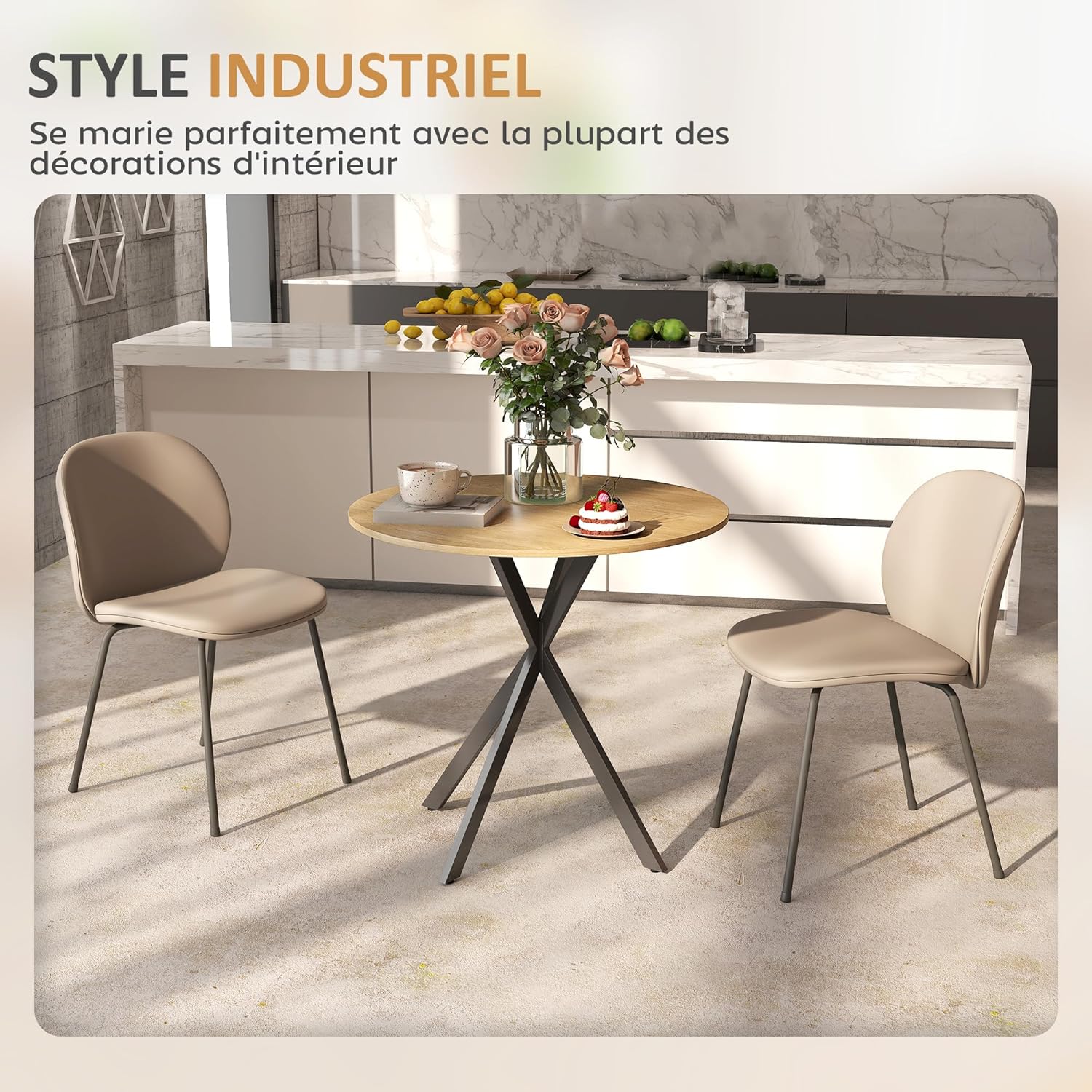 Thumbnail 4 de HOMCOM Table à Manger Ronde 80 cm pour 2 Personnes – Style Industriel, Plateau Bois et Piètement Croix en Acier, Blanc Chêne
