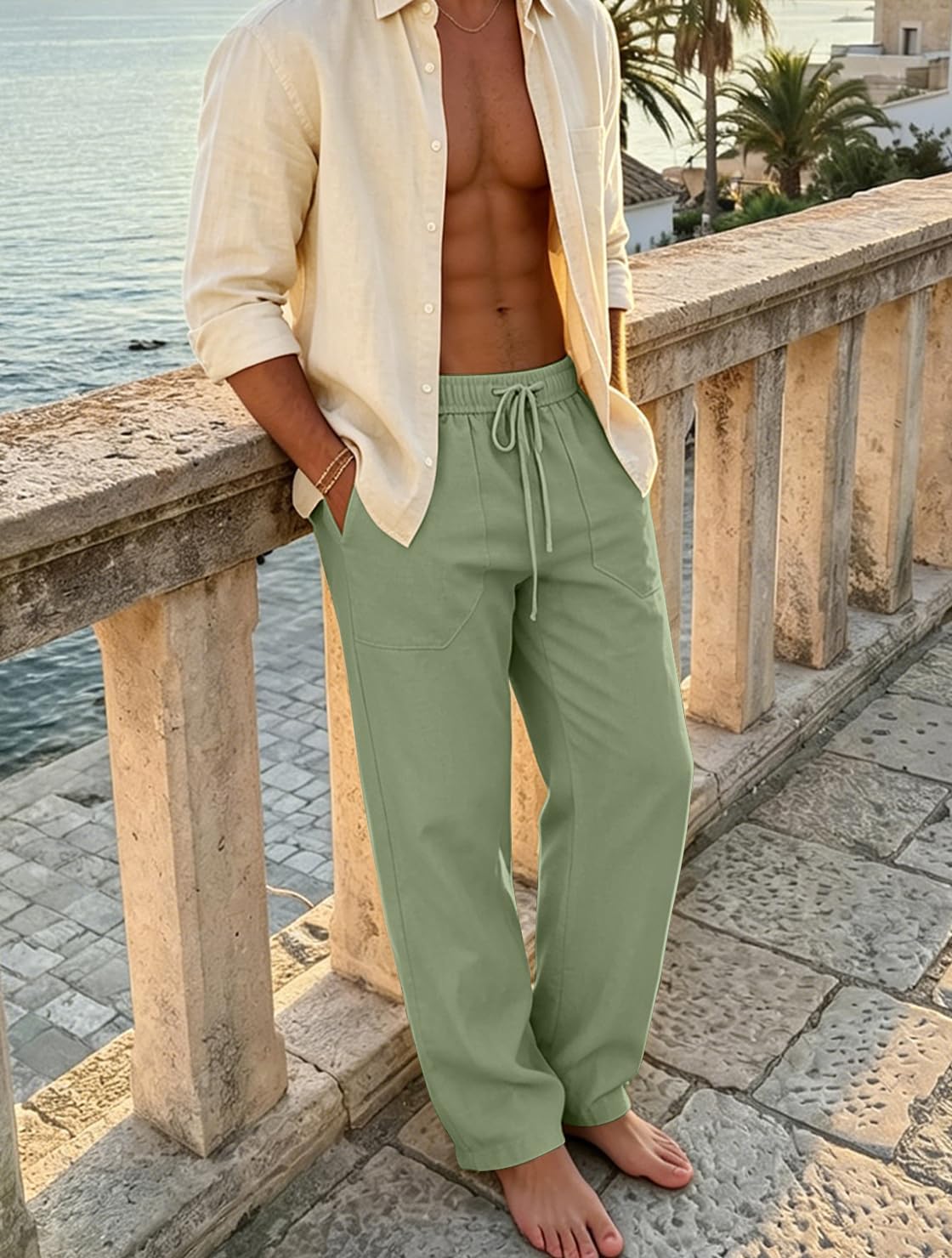 Detalle 2 de Puimentiua Men's Linen Trousers: Casual Loose Fit with Elastic Waist and Large Pockets