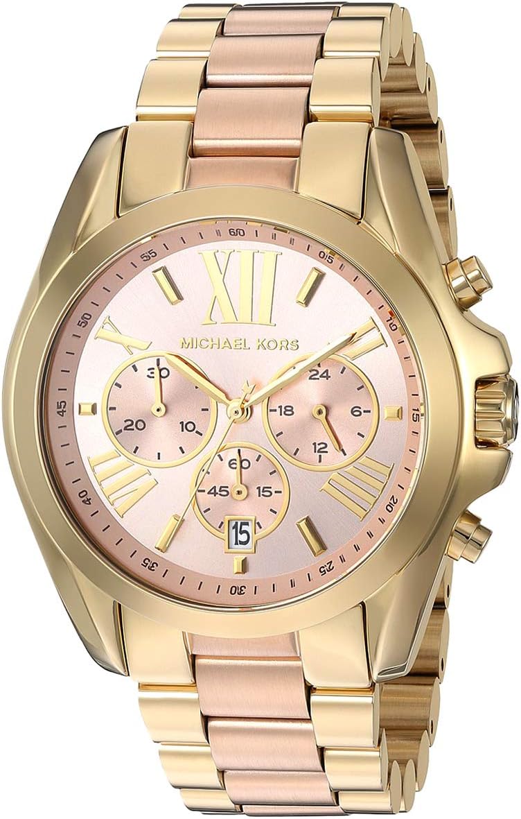 Detalle de Michael Kors Bradshaw kronografarmbandsur i rostfritt stål med roséfärgad urtavla