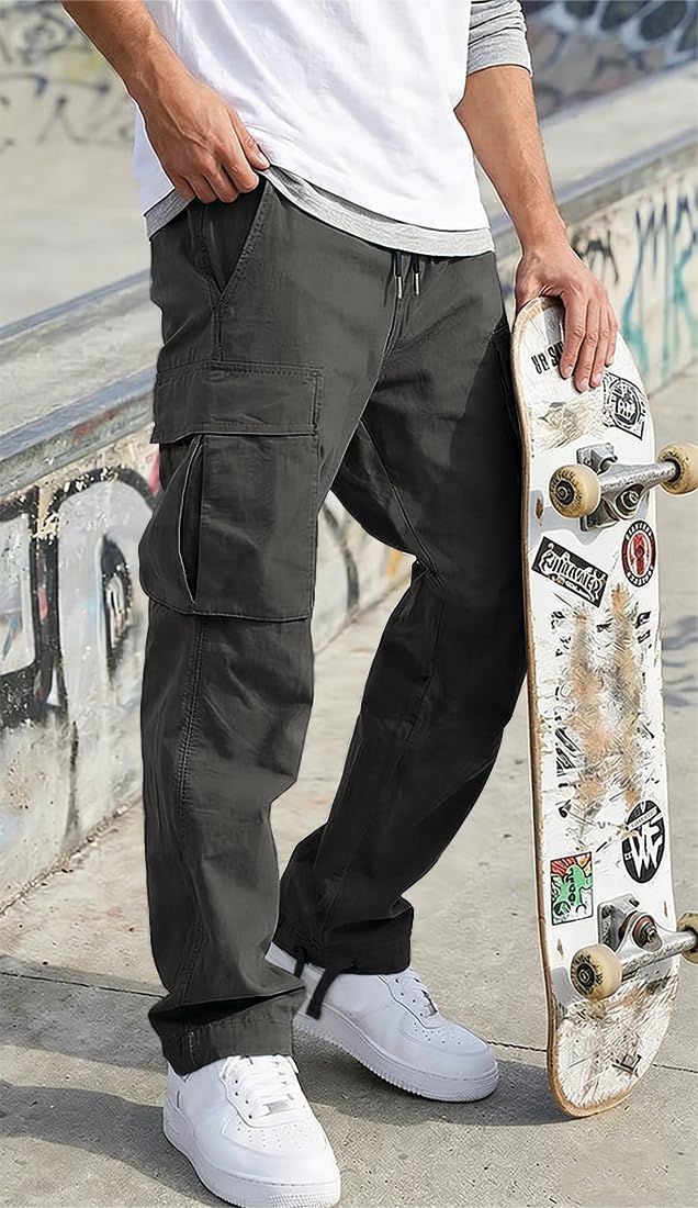 Detalle de HUNGSON Men’s Cargo Pants with Drawstring Waist & 6 Pockets