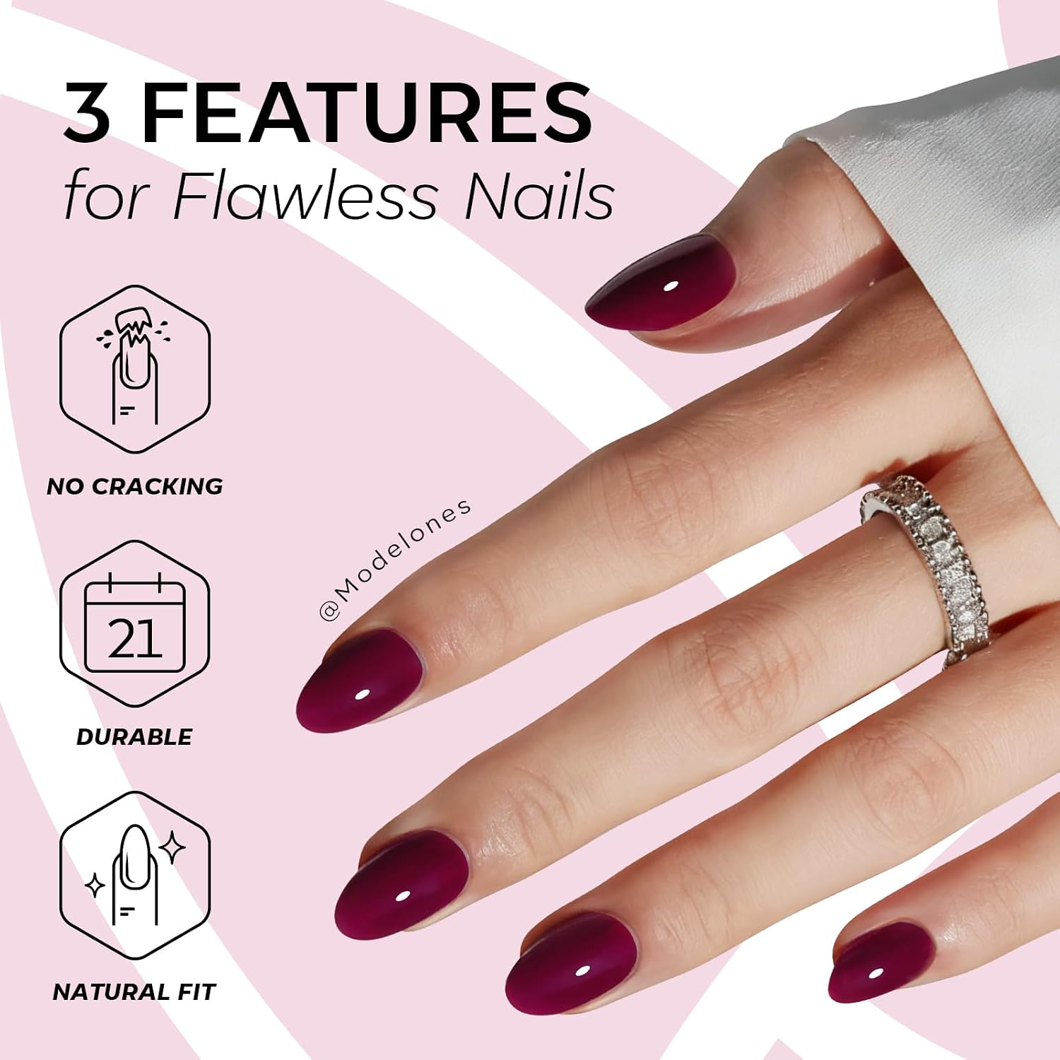 Detalle 2 de modelones Short Oval Press-On Nails, Burgundy, 32-Piece Kit with Glue and Tabs