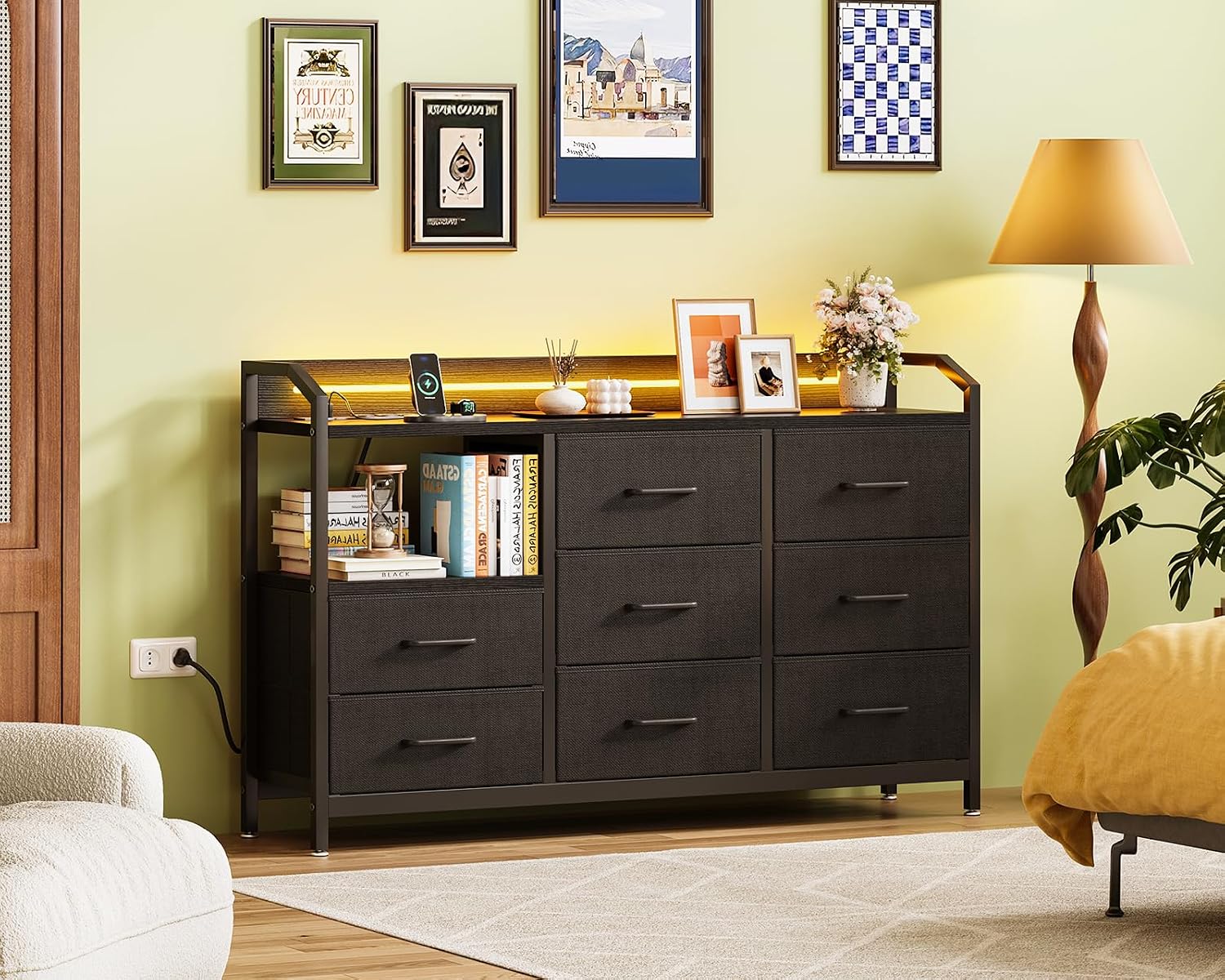 Thumbnail 1 de ODK Black Chest of Drawers Bedroom with LED Light, 8 Fabric Drawers and USB/AC Outlets