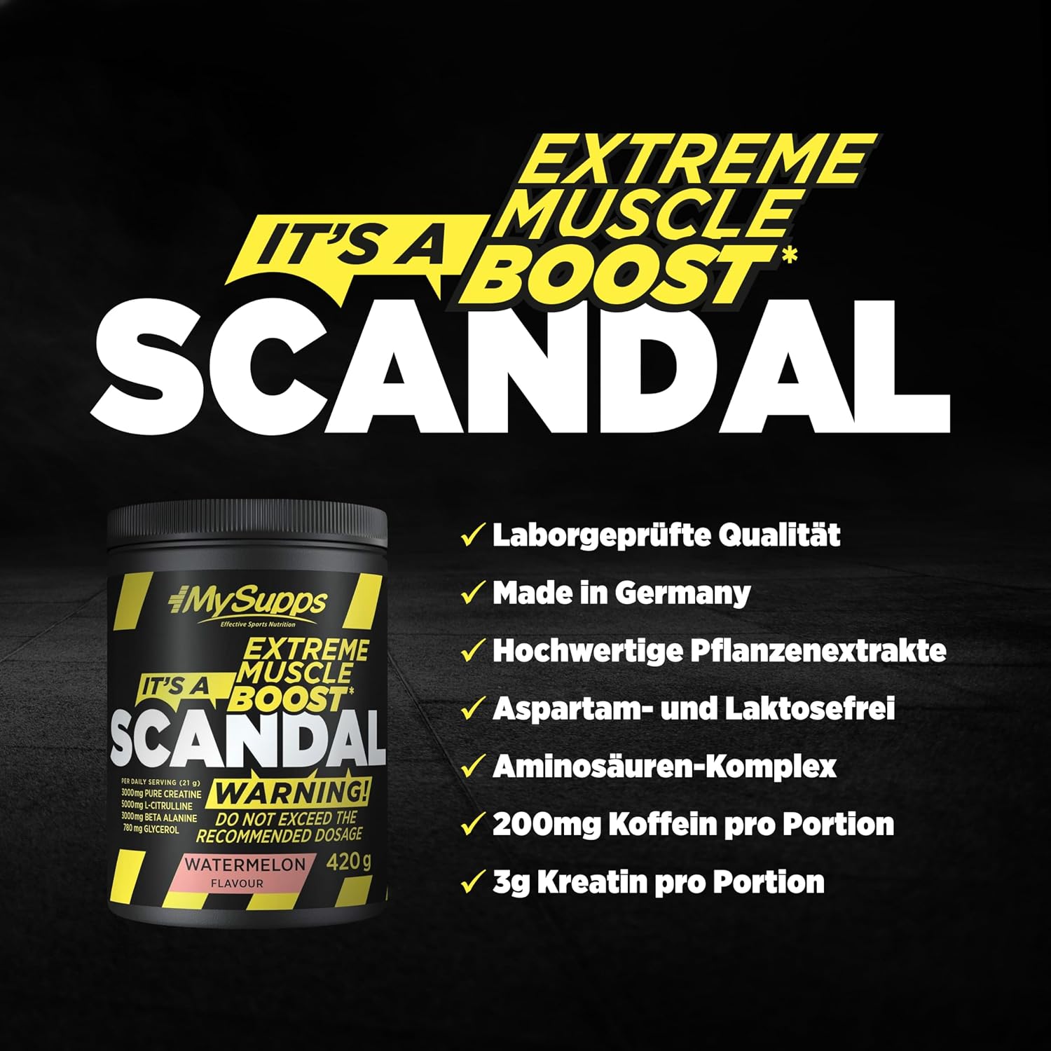 Detalle 2 de My Supps Scandal Extreme Muscle Pre-Workout Booster (Wassermelone) – mit Kreatin, Citrullin, Beta-Alanin & Koffein – 20 Portionen