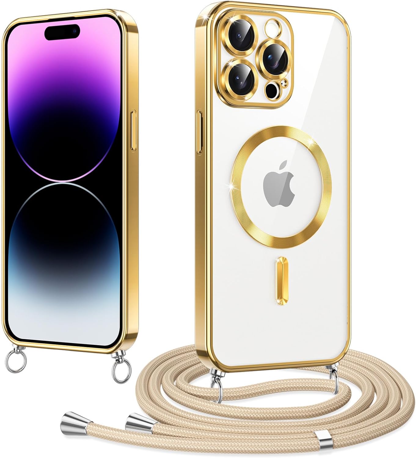 Micnkifo Magnetisches Handyband mit abnehmbarem Umhängegurt für iPhone 14 Pro (Magsafe-kompatibel) – Hülle mit verstellbarer Kordel, Gold