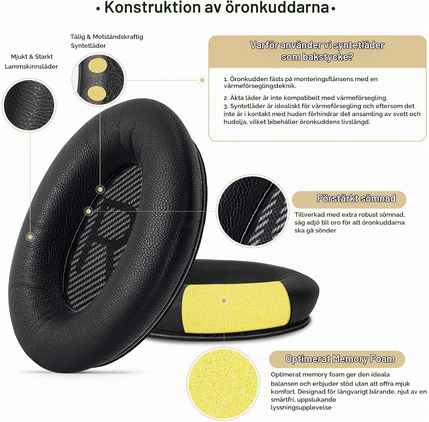 Detalle de Aurivor öronkuddar i lammskinn för Bose QC35, QC25 och AE2