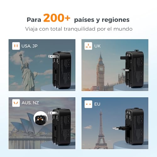 Thumbnail 1 de TESSAN adaptador de enchufe universal de viaje con 1 USB A y 2 USB-C (plano y compacto)