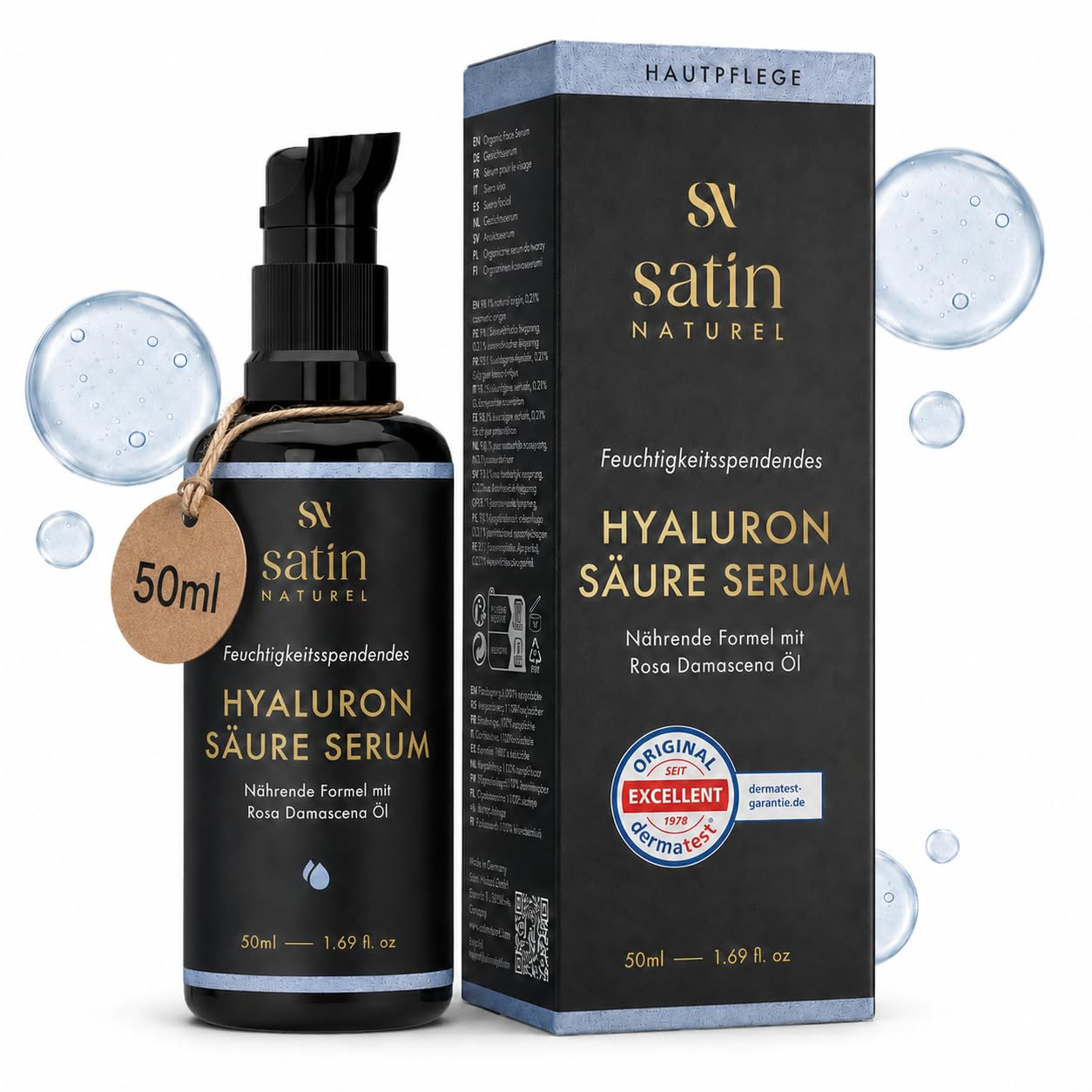 Detalle de Satin Naturel Hyaluron Serum hochdosiert (50 ml) – Bio-Hyaluronsäure Anti-Aging Feuchtigkeitsserum vegan