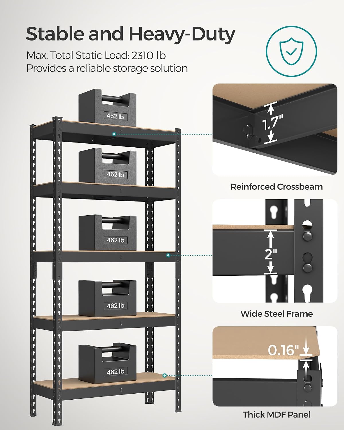 Detalle 2 de SONGMICS GLR300BZ03 5-Tier Storage Shelves, Adjustable Steel and MDF Unit