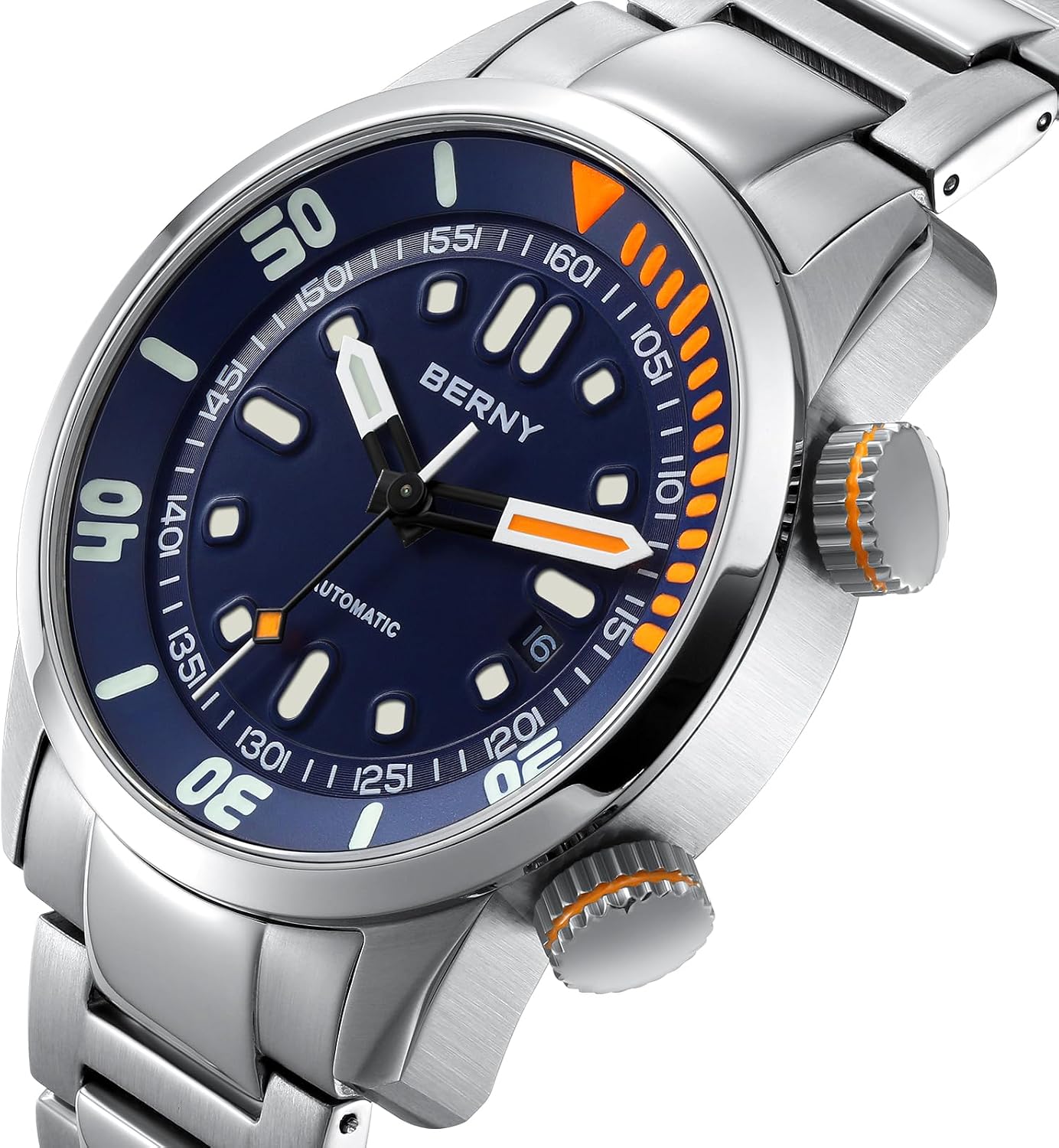 Detalle de BERNY Automatikuhr für Männer – 200 m Taucheruhr mit Saphirglas, Edelstahlband und Super-Lume