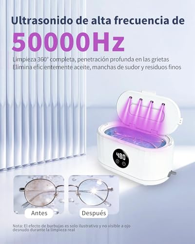 Detalle de Limpiador Ultrasonidos 50000HZ 350ML de Vyzlix: Limpieza profunda para joyas, gafas y relojes