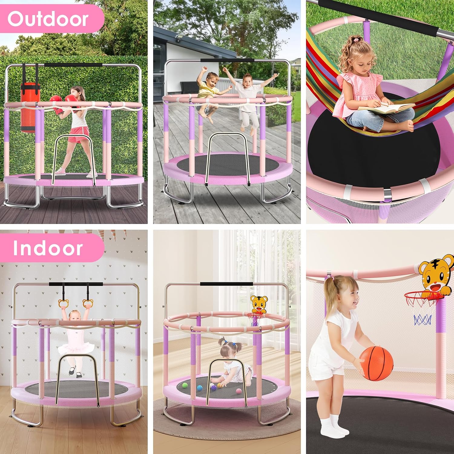 Detalle 2 de Trampoline for Kids (Ages 1-8) 55" Toddler Trampoline with Net, 440 lbs Weight Limit, Adjustable Gymnastics Bar & Accessories
