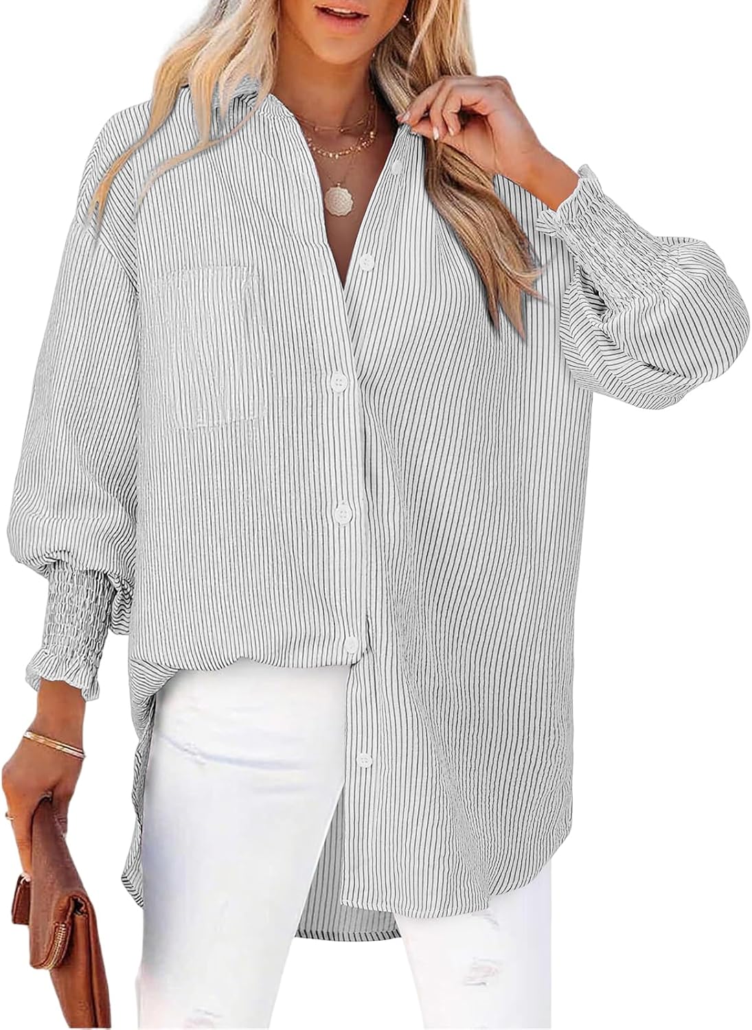 Thumbnail 6 de Cuptacc Damen-Bluse mit V-Ausschnitt, Knopfleiste und Brusttasche – gestreift