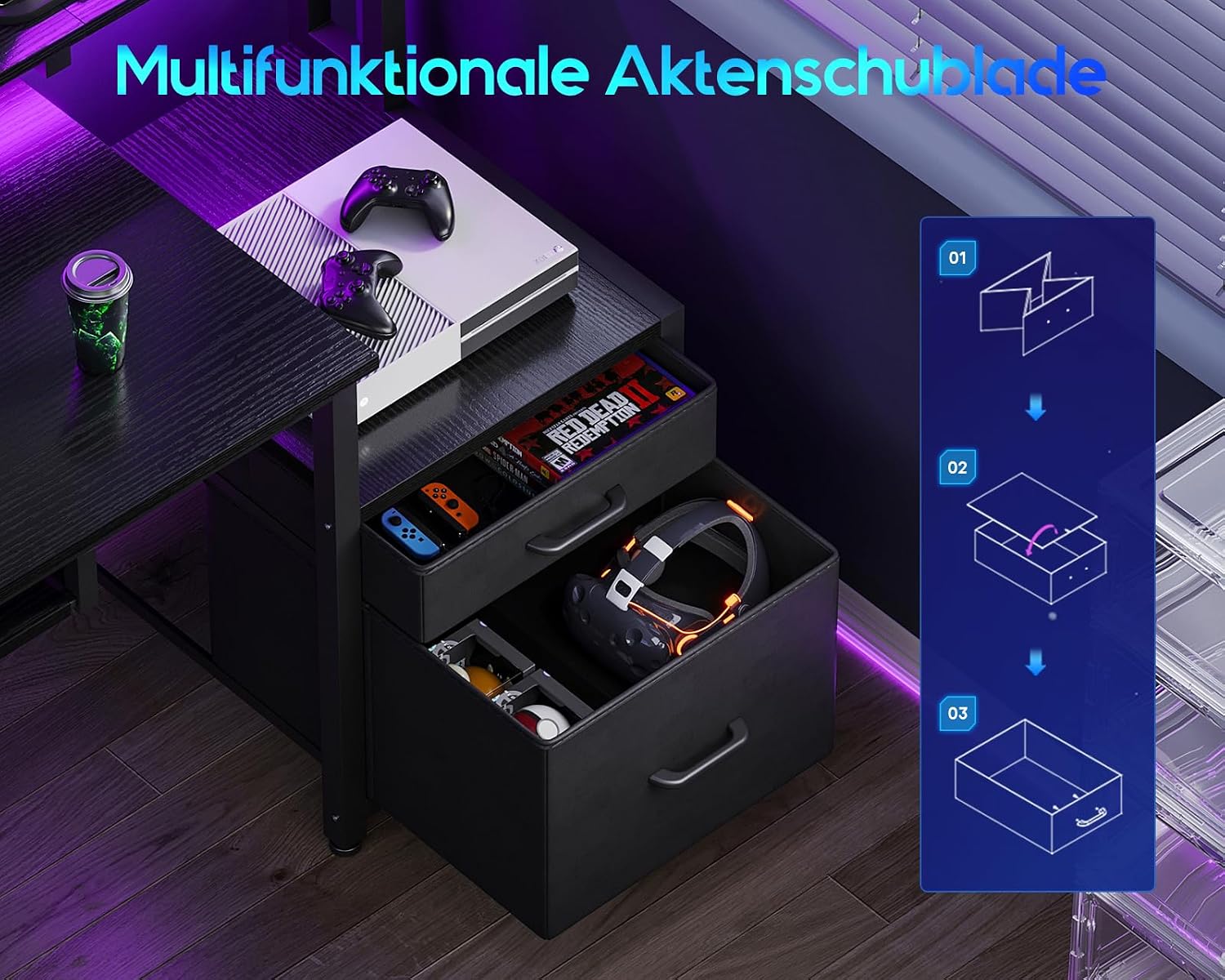 Detalle de Coleshome Gaming Tisch mit LED, 140×48 cm, Monitorständer und Stoff-Schubladen in Schwarz