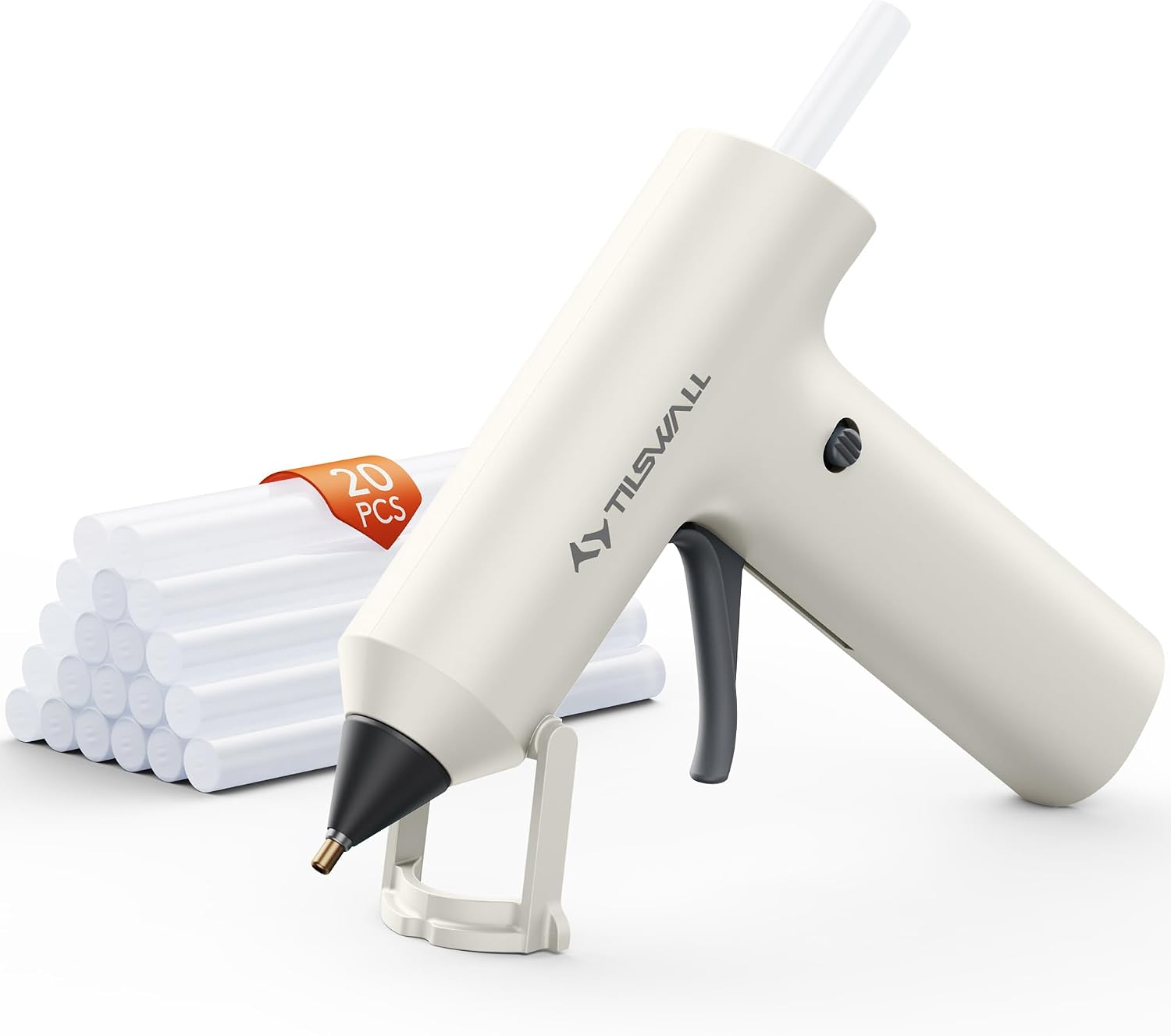 Detalle de Tilswall kabellose Heißklebepistole mit Akku (2000 mAh) und 20 Premium-Klebesticks – 170 °C, weiß