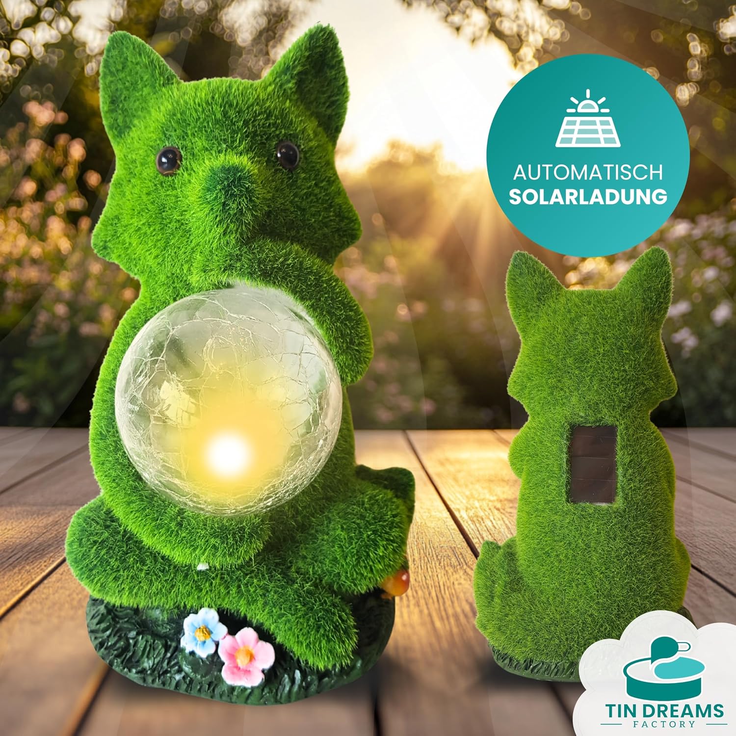 Detalle de TIN DREAMS FACTORY Solarfigur Fuchs für Garten – LED-Tierfigur aus wetterfestem Harz