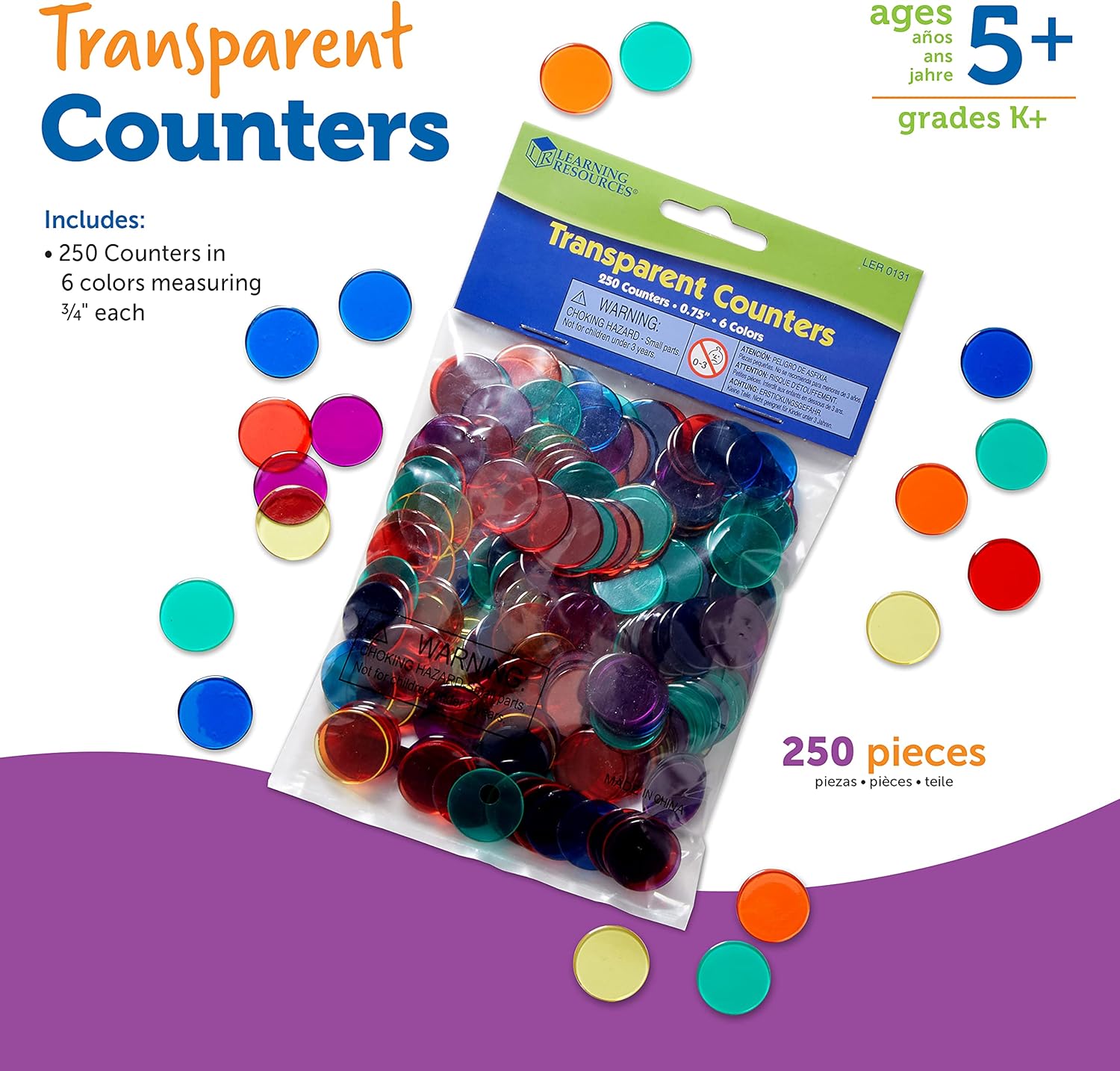 Detalle 2 de Learning Resources Dischetti Trasparenti Colorati (250 pezzi, 2 cm) – 6 Colori per attività matematiche per bambini dai 5 anni