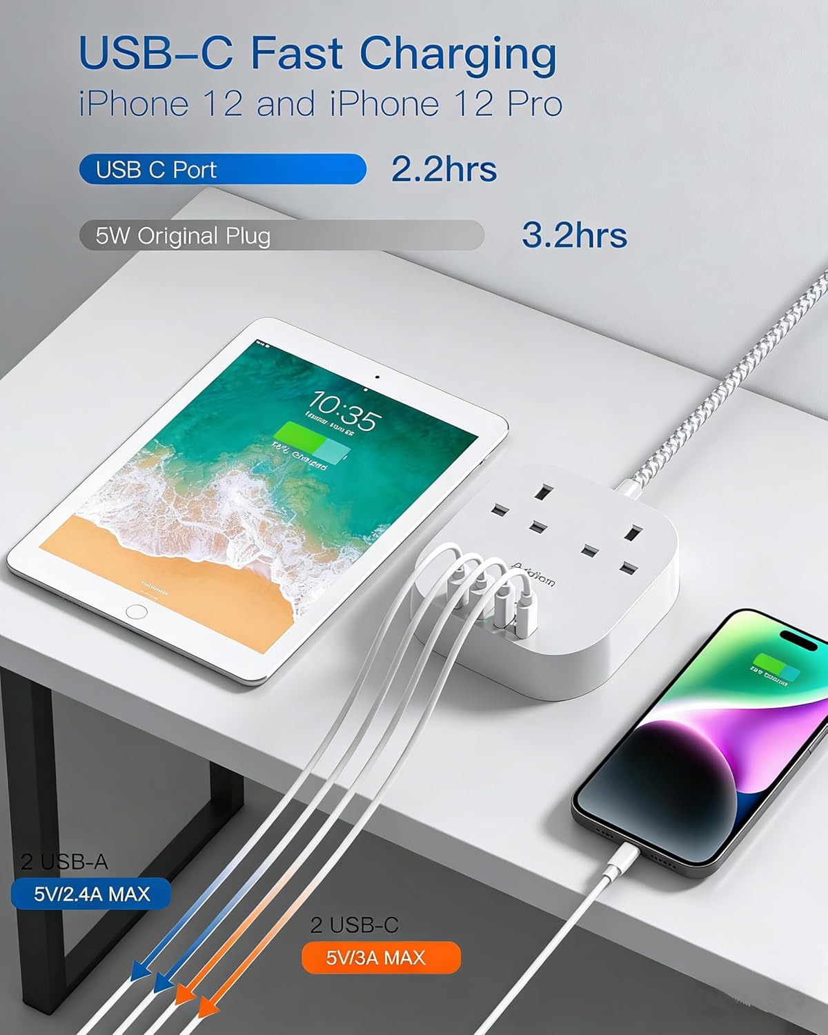 Thumbnail 1 de Addtam 3M Braided Extension Lead with Surge Protection: 2 AC outlets and 4 USB ports