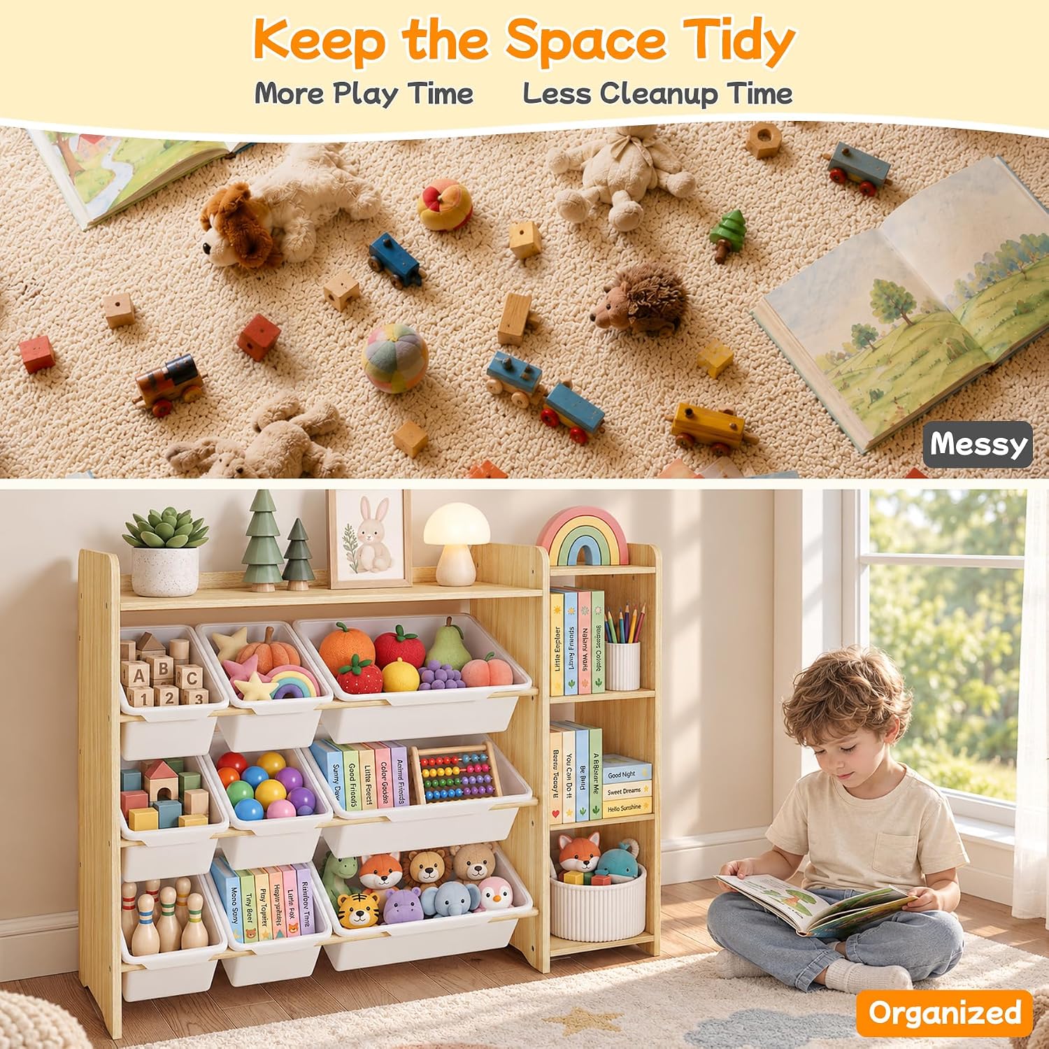 Detalle de GITAWUSA Kids Toy Storage Organizer, 3-Tier Shelf with 9 Bins, White and Natural Wood
