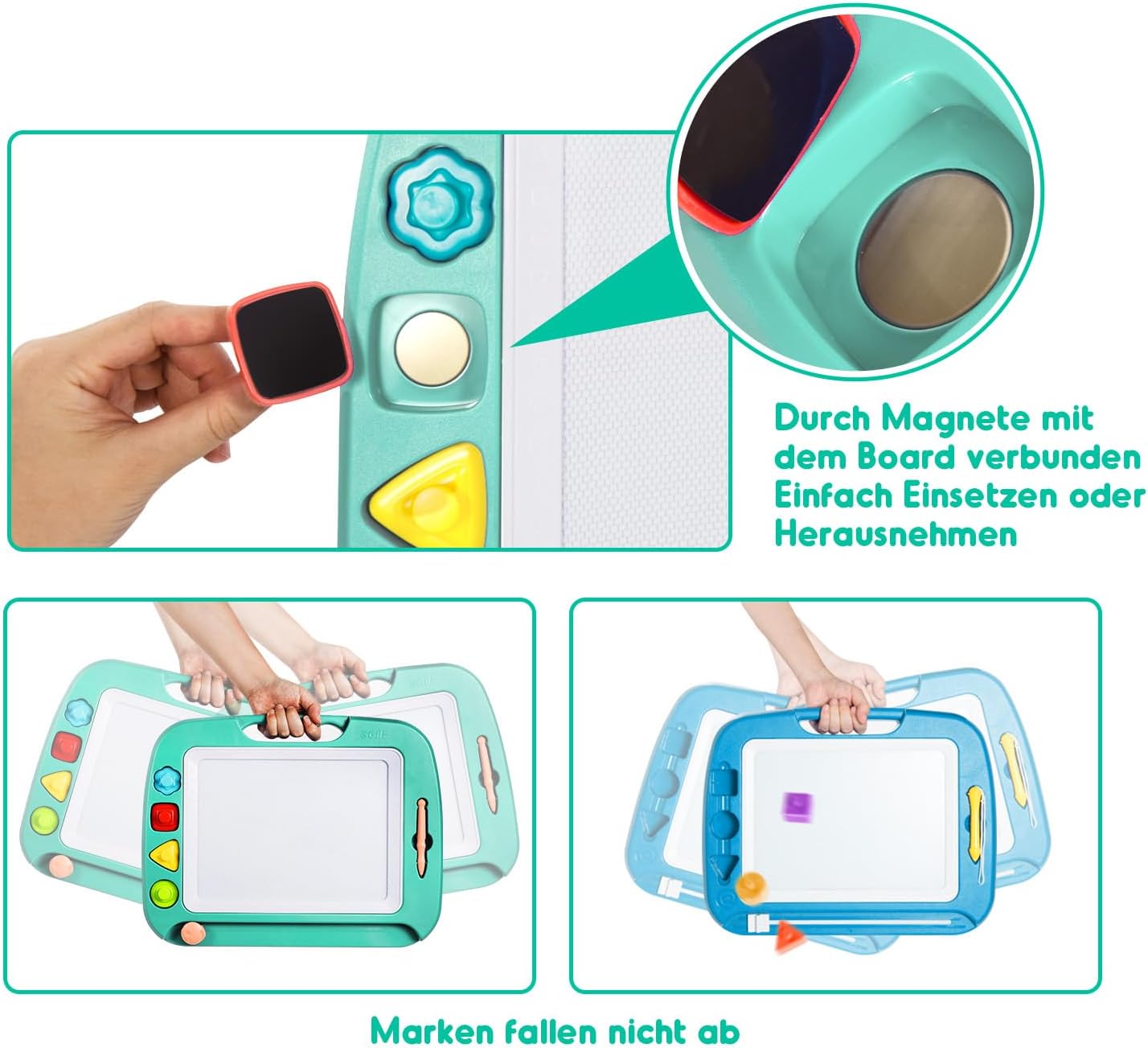 Detalle de SGILE große magnetische Maltafel „Zaubertafel“ für Kinder ab 2 Jahren, 42 × 32 cm (grün), inkl. Stift & 4 Stempeln