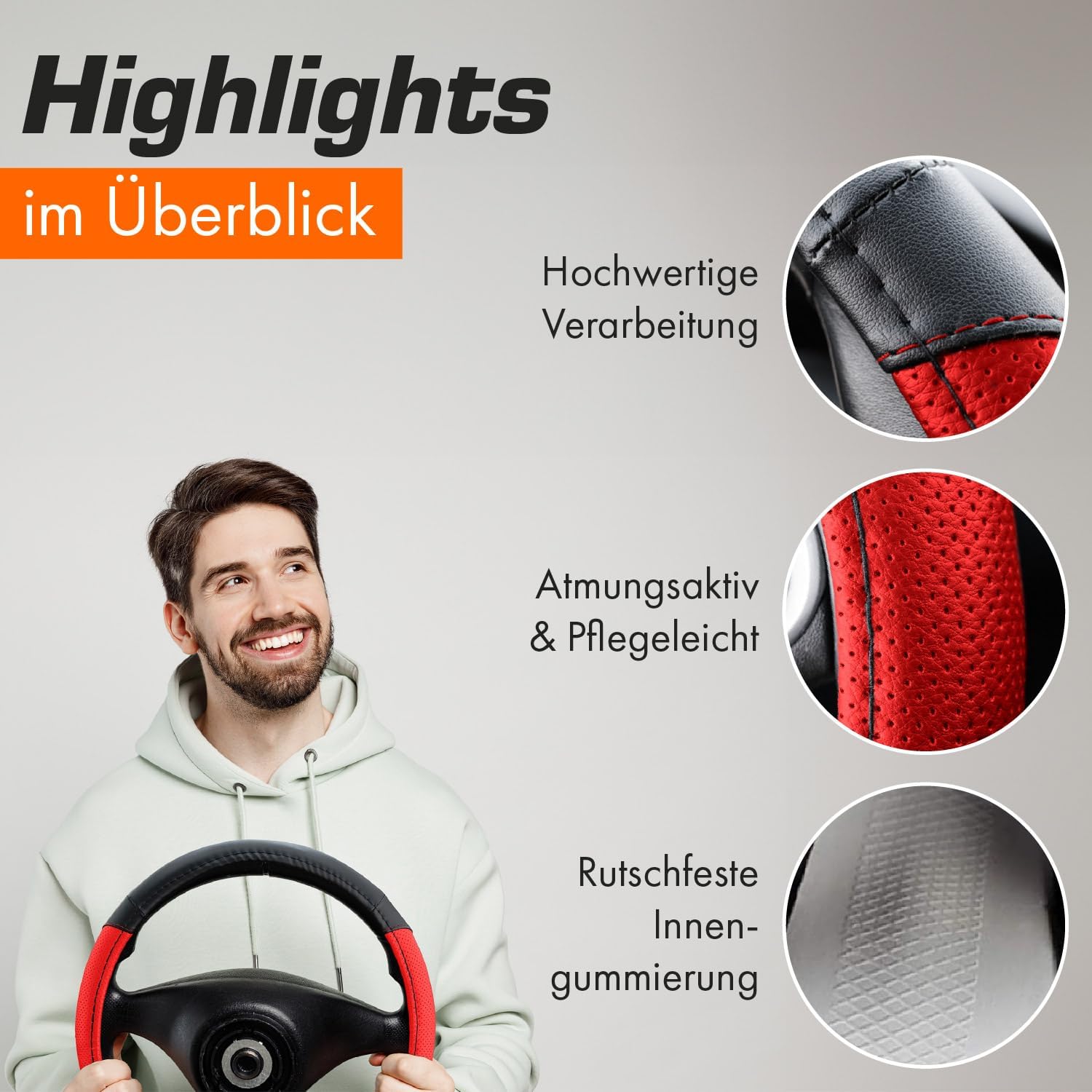 Detalle de Upgrade4cars D-Form Lenkradbezug in Rot (Lenkradschoner universal, 37–38 cm)