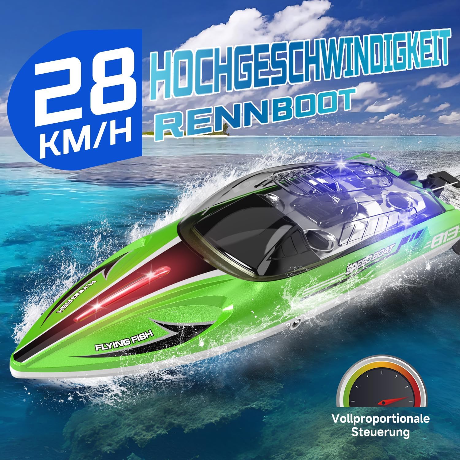 Thumbnail 1 de 30 KM/H Ferngesteuertes Boot – RC-Speedboot ab 6 Jahren (1:16) mit Dual-Akkus, wasserdicht, LED-Beleuchtung und Auto-Piloten