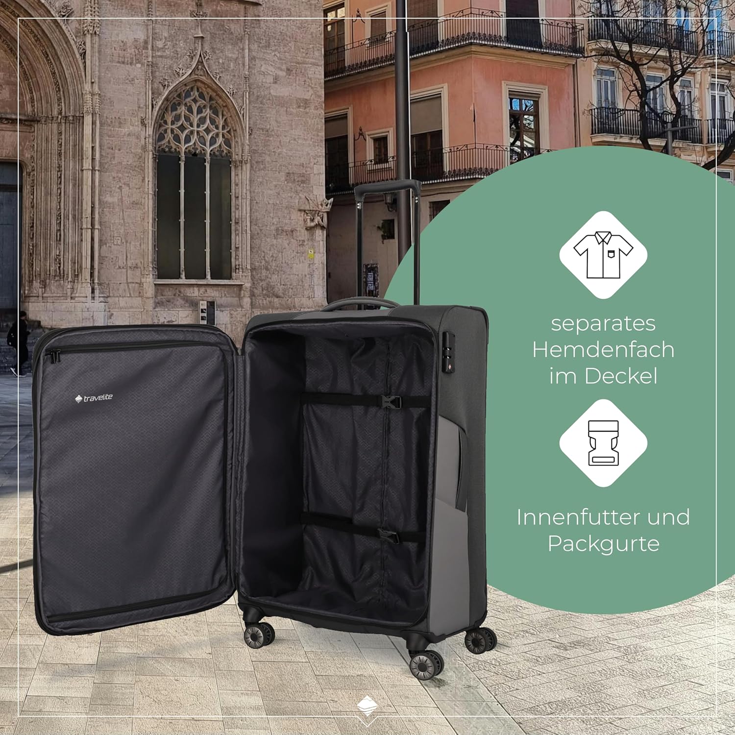 Detalle de Travelite VIIA 4-Rad Koffer Größe L – Weichschale aus recyceltem Polyester, 91–103 L, 77 x 47 x 30–34 cm