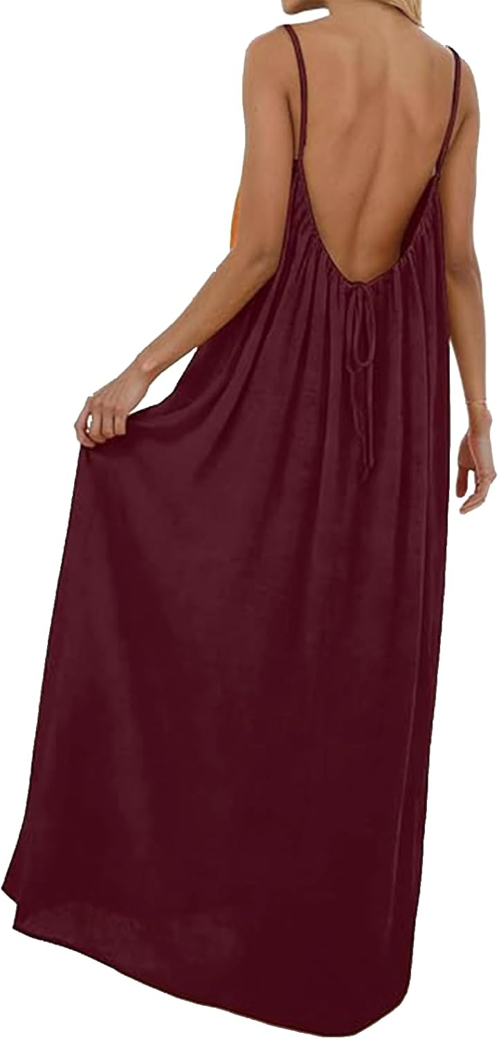 Thumbnail 6 de YBEBEWE Backless Cami Dress for Women – Long Sundress with Back Tie (Sleeveless, Solid Colour)